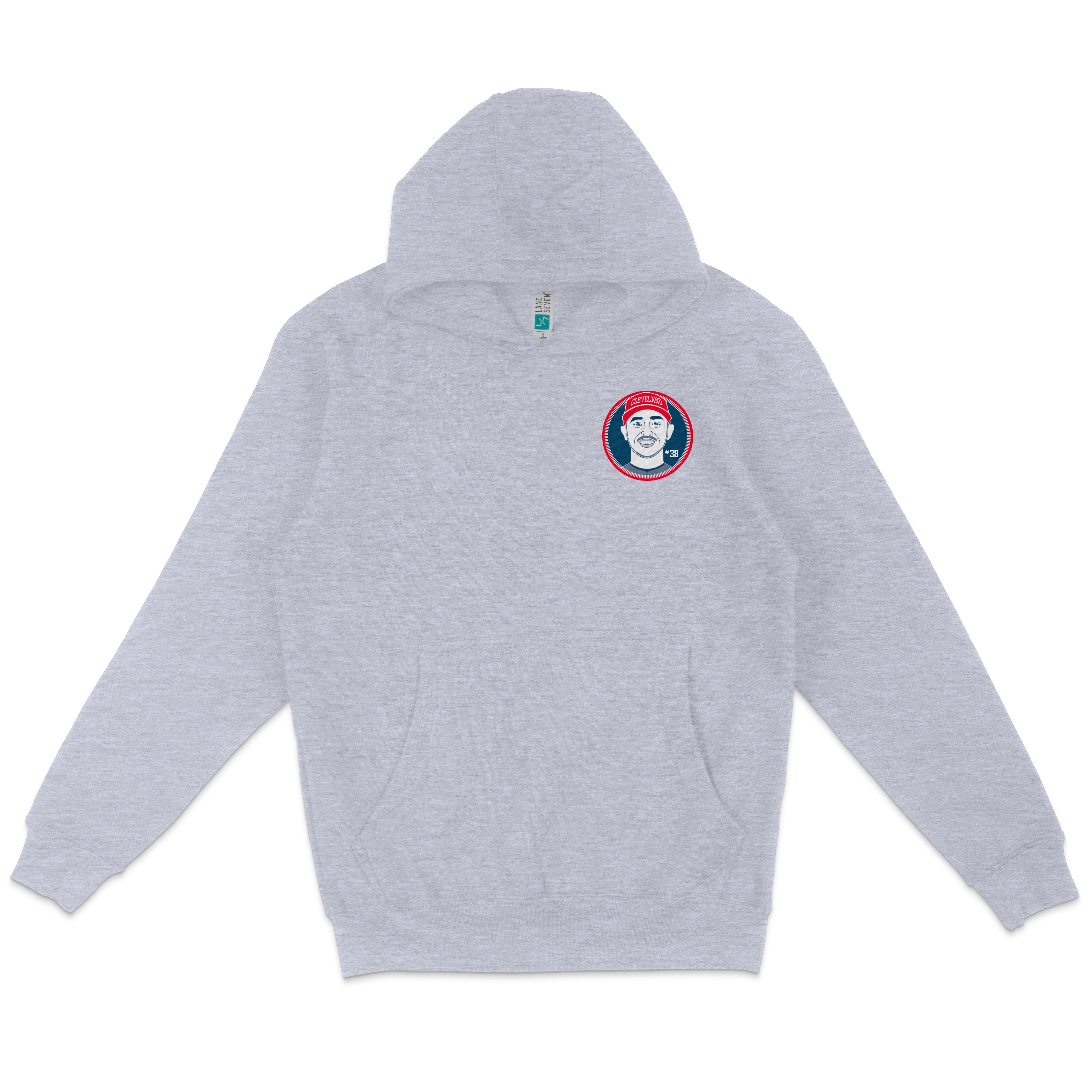Light gray pullover fleece hoodie featuring a Cleveland baseball team logo patch on the chest with a smiling player's face.