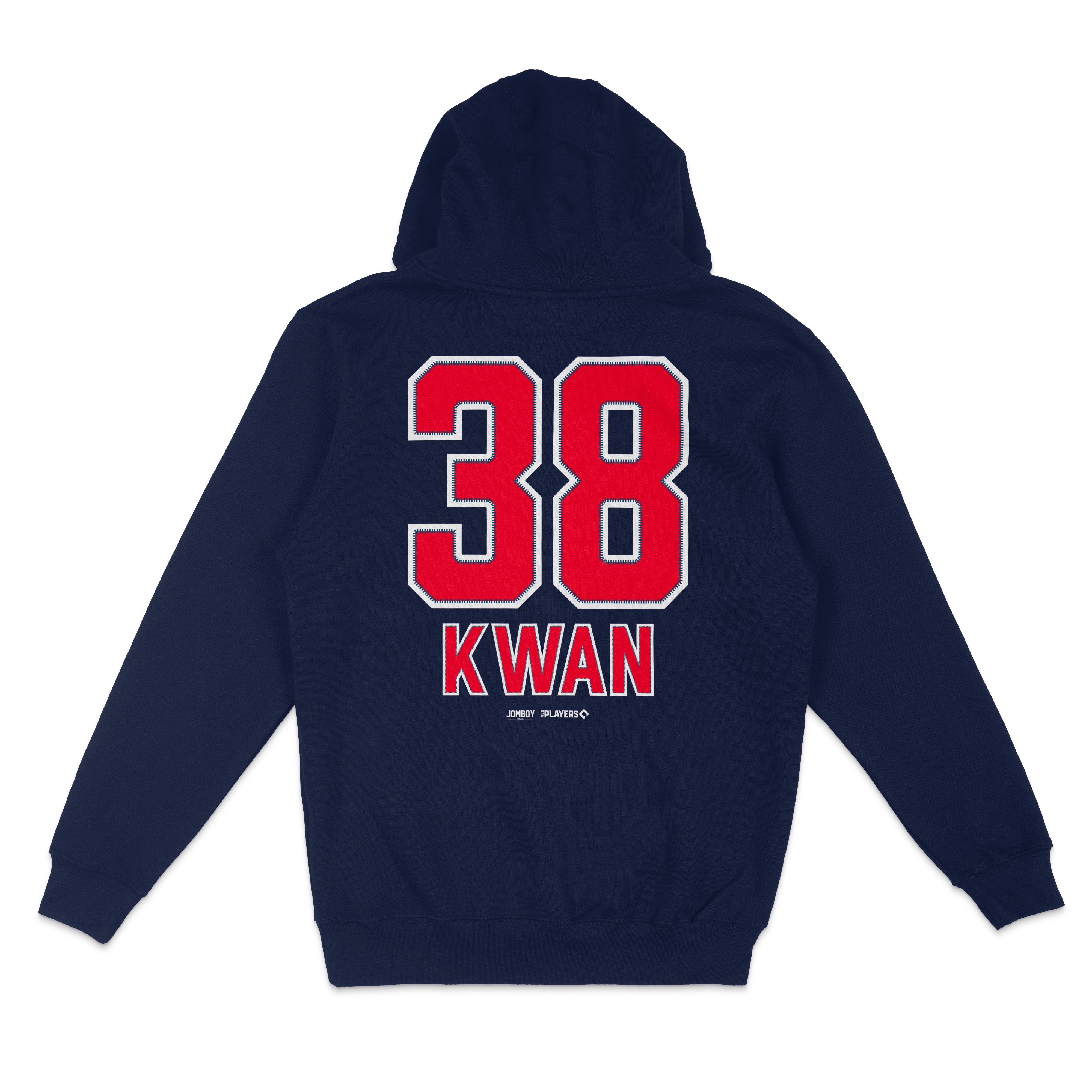 Navy blue pullover fleece hoodie featuring a large red and white "38" and "KWAN" on the back, with small logos near the bottom.