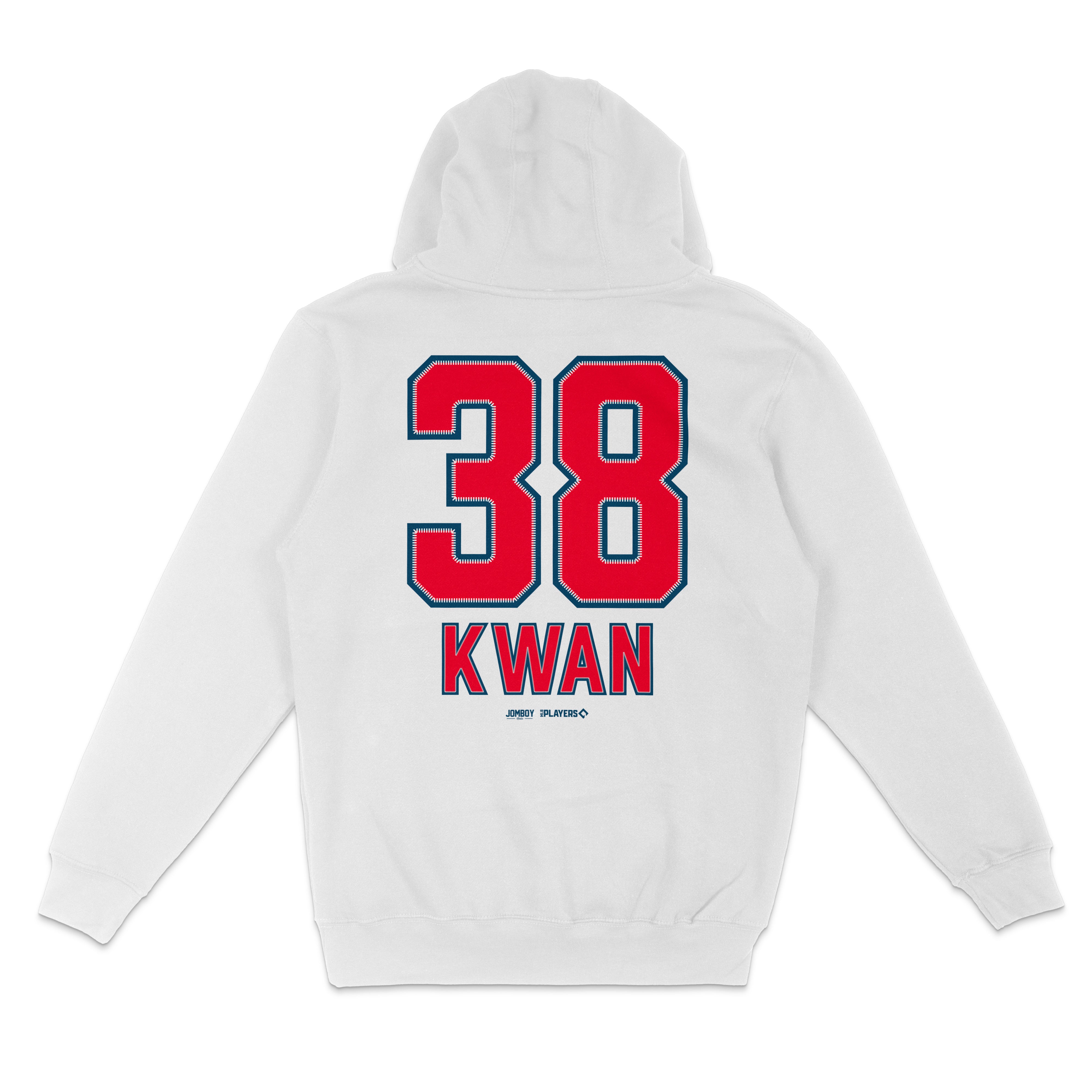 White pullover fleece hoodie featuring a large red and blue number "38" on the back, with "KWAN" printed below in red and blue.