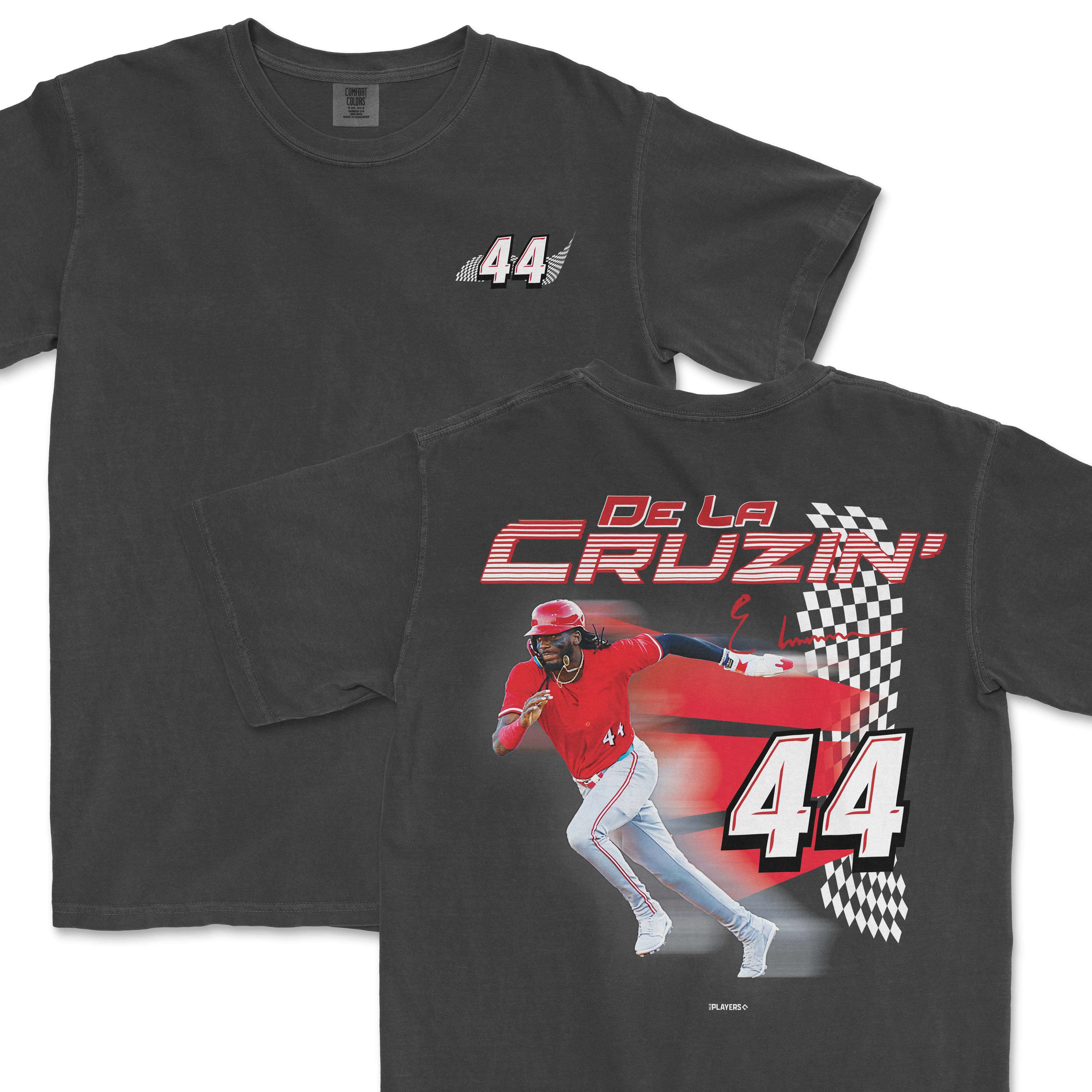 Elly De La Cruz Speedway t-shirt featuring a dynamic graphic of the player in action with checkered flag design.
