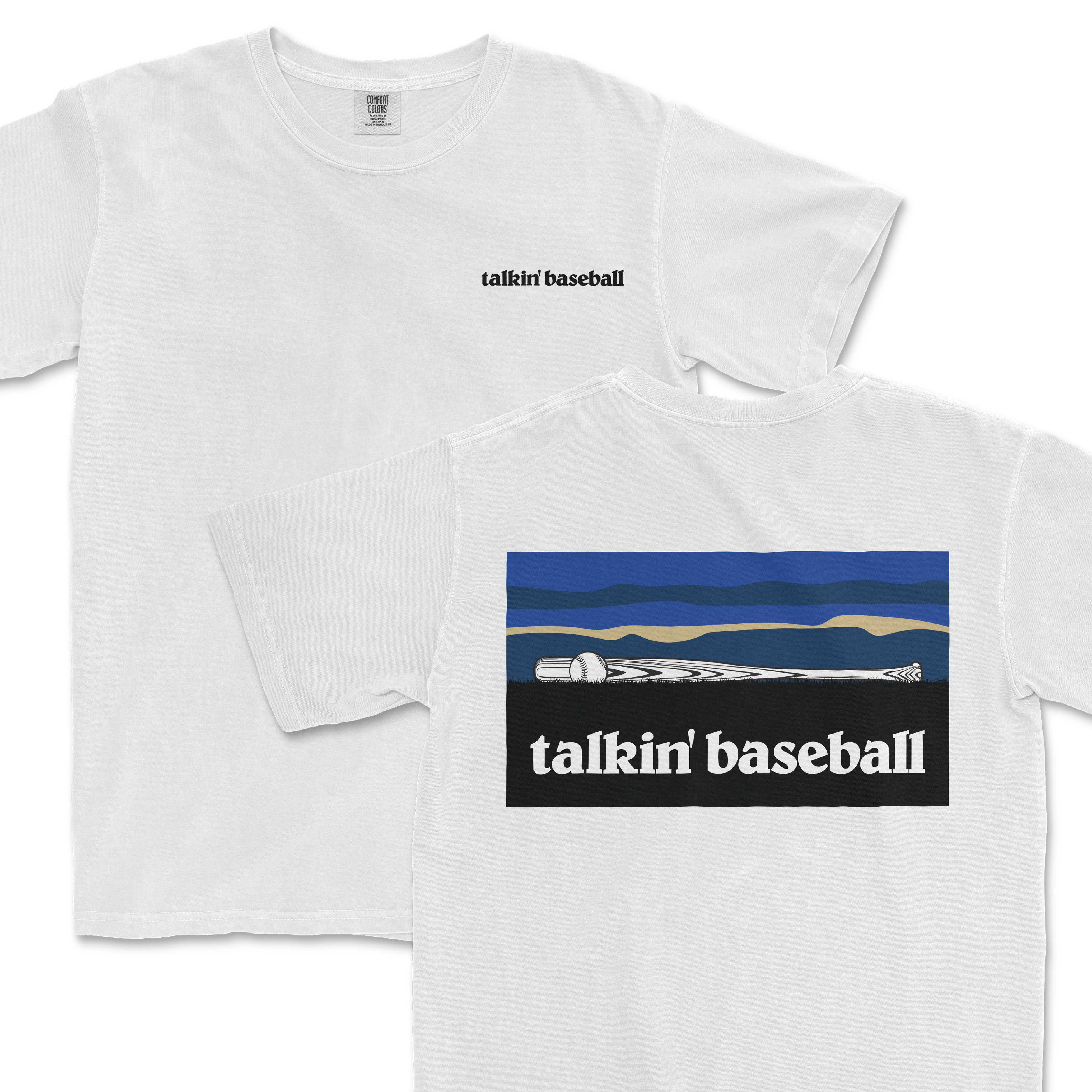 White T-shirt with "talkin' baseball" text on the front and a graphic of a baseball bat and ball on the back, outdoors theme.