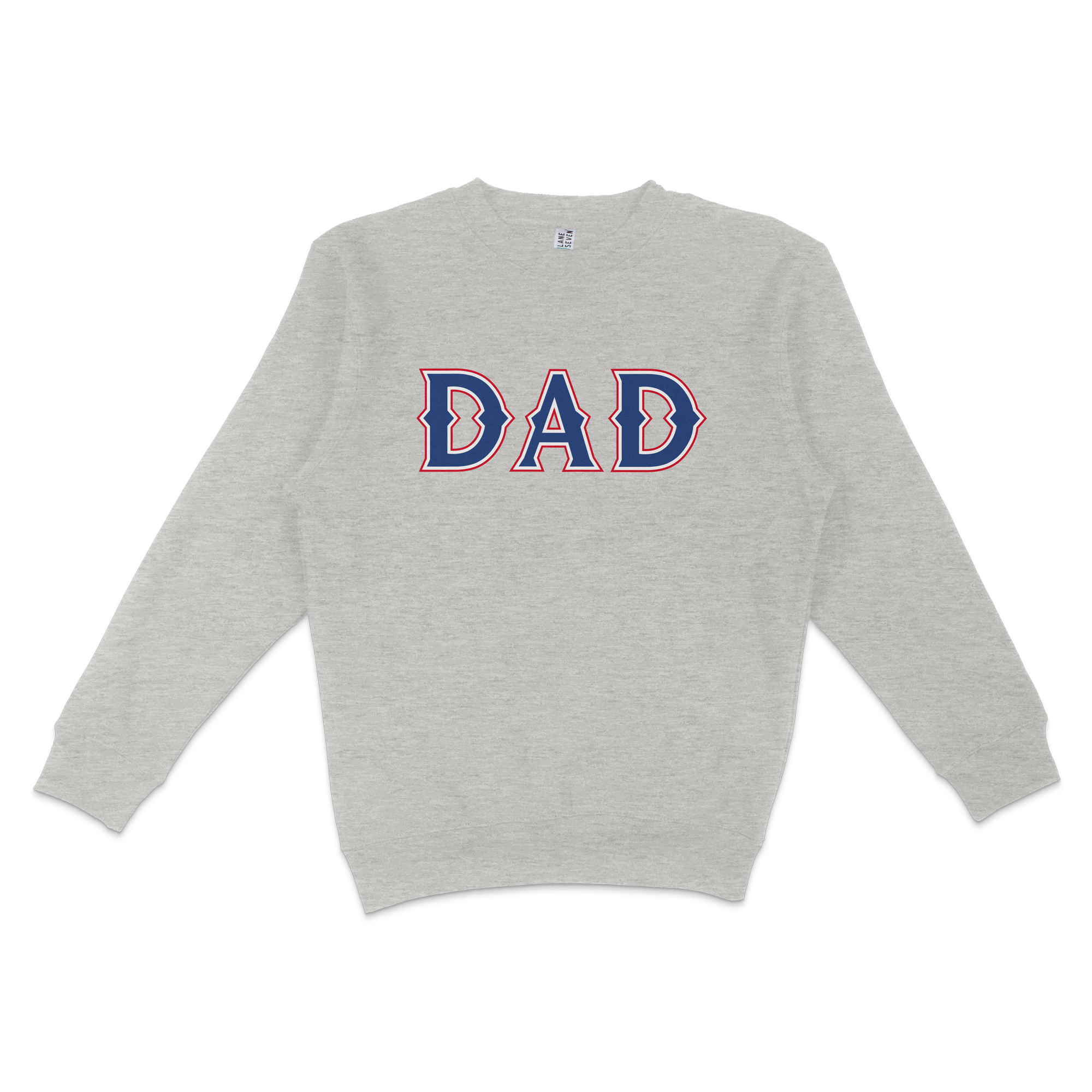 Gray crewneck sweatshirt with "DAD" in bold blue and red outlined letters on the front, perfect for Texas baseball dads.
