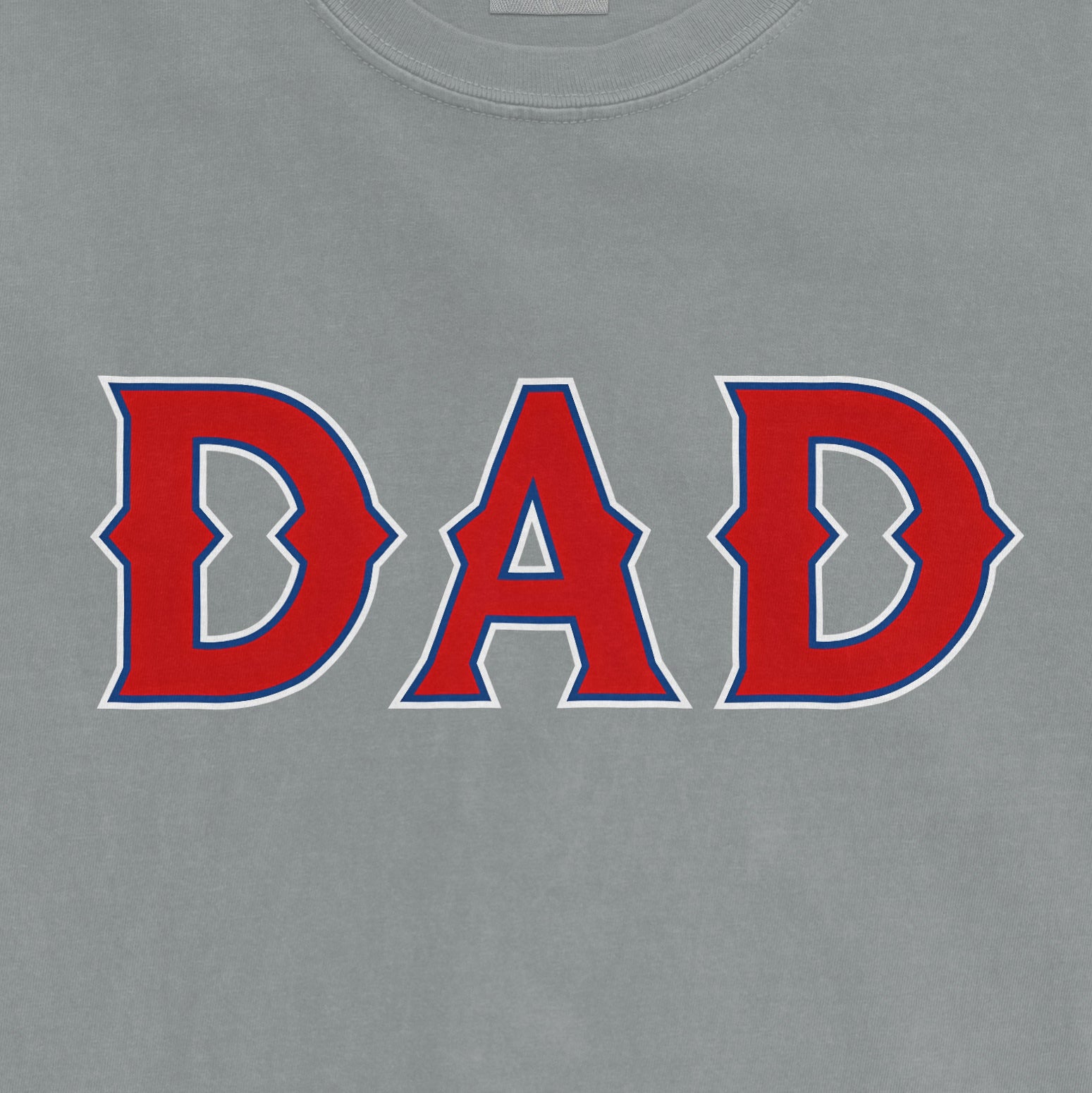 Gray T-shirt with bold red and blue "DAD" text, celebrating Texas baseball dads.