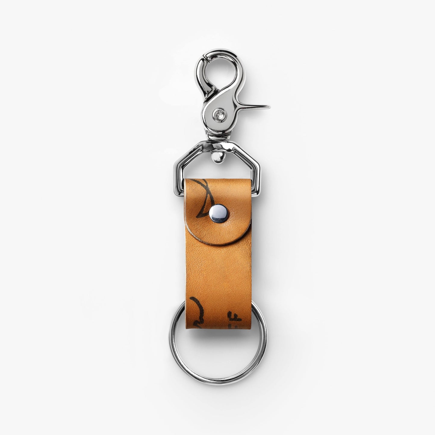 Close-up of a Wanderchain baseball glove keychain with a metal clip, leather strap, and keyring on a white background.