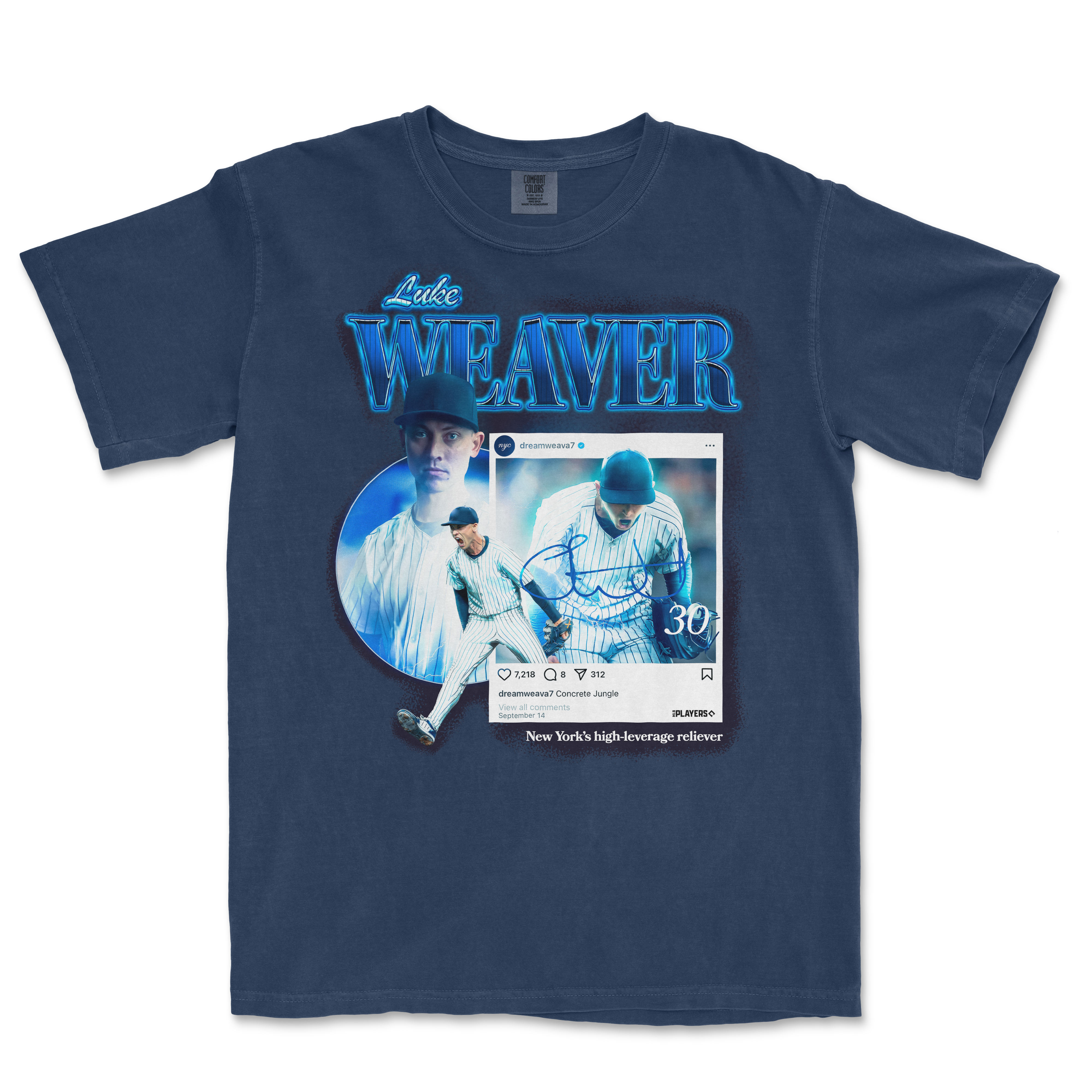 Blue Comfort Colors T-shirt featuring a graphic of a baseball player, neon "Lake Weaver" text, and social media-inspired design.