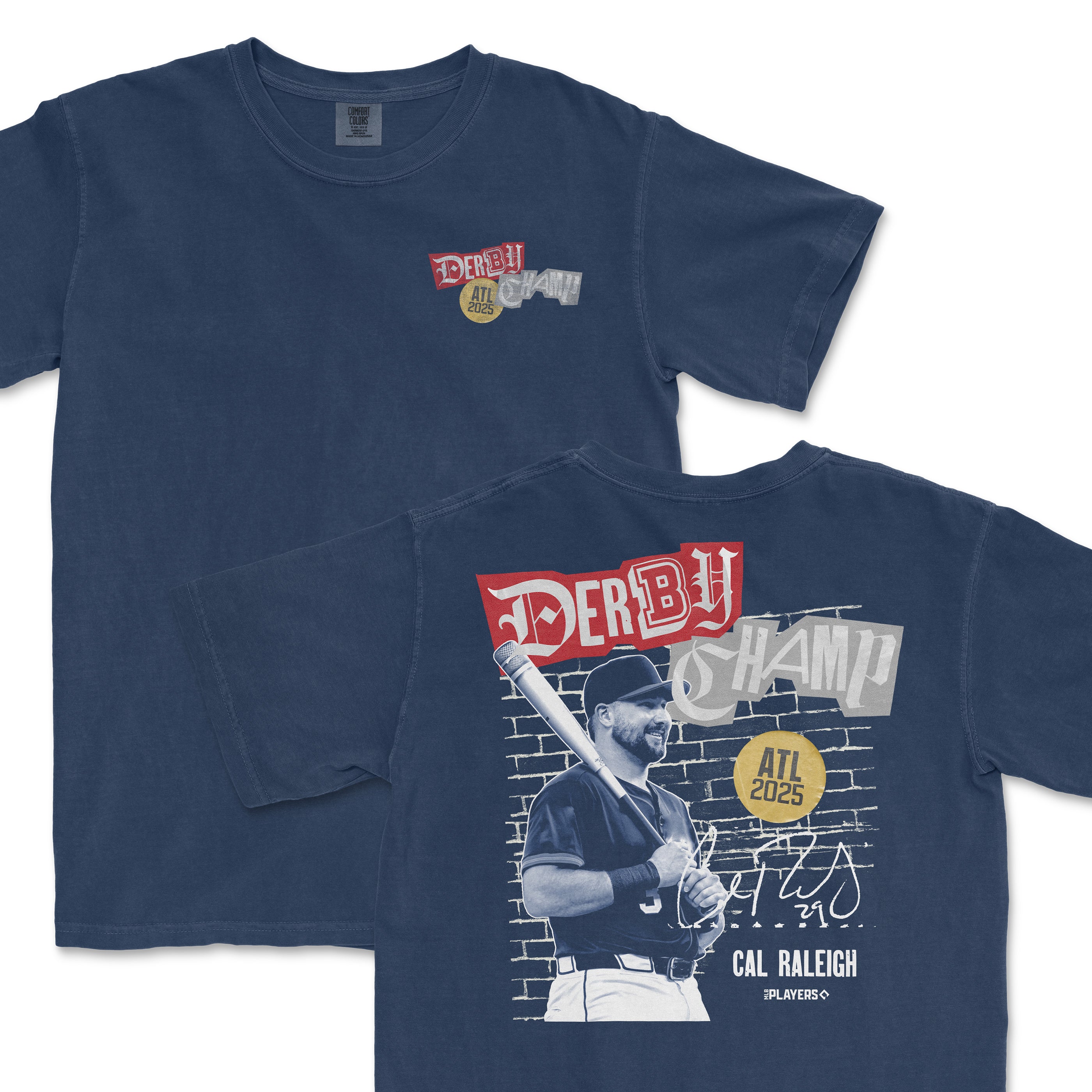 Cal Raleigh Derby Champion 2025 t-shirt featuring a vintage design with Raleigh's image and signature on a navy background.