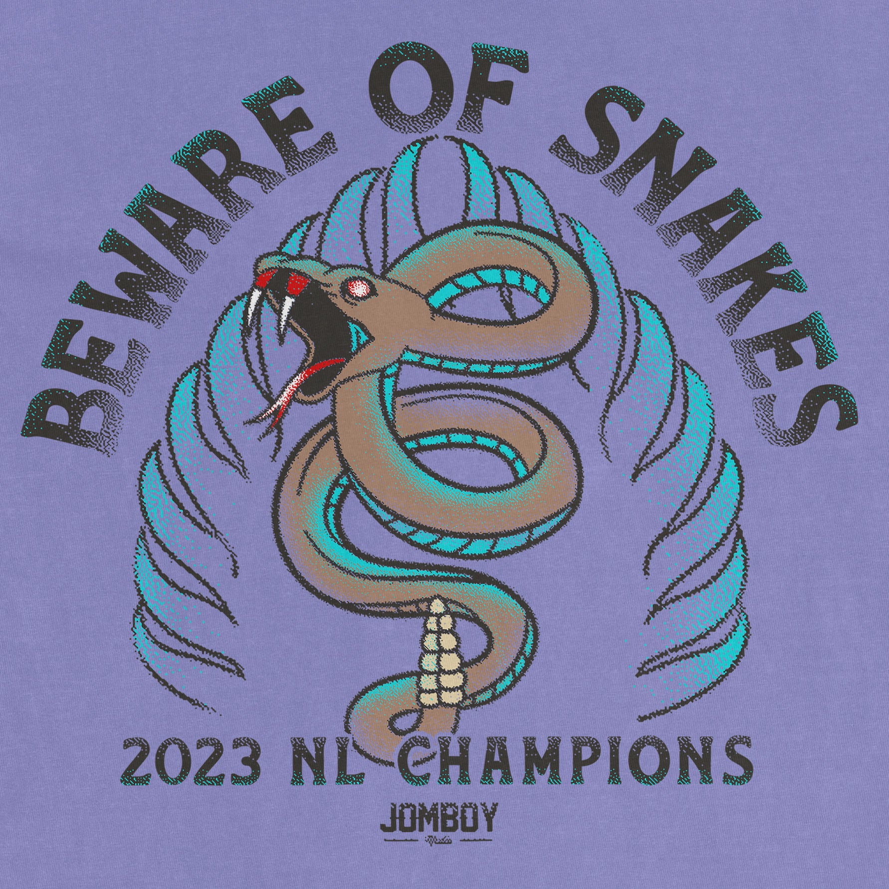 Close-up of a lavender Comfort Colors T-shirt featuring a snake and palm leaves design with the text "Beware of Snakes," celebrating the 2023 NL Champions.