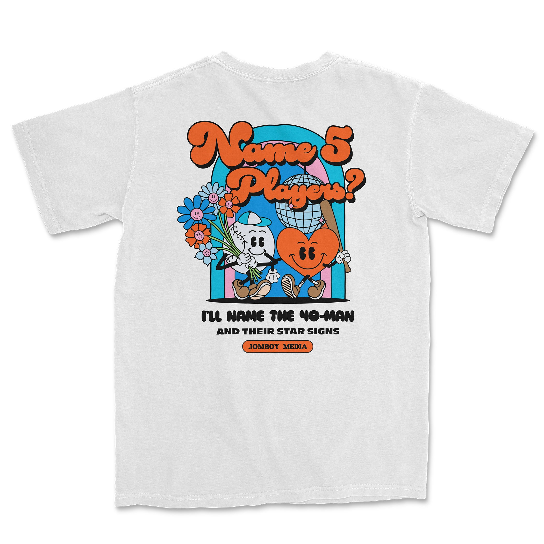 White Comfort Colors T-shirt featuring colorful cartoon characters, bold text, and playful design elements.