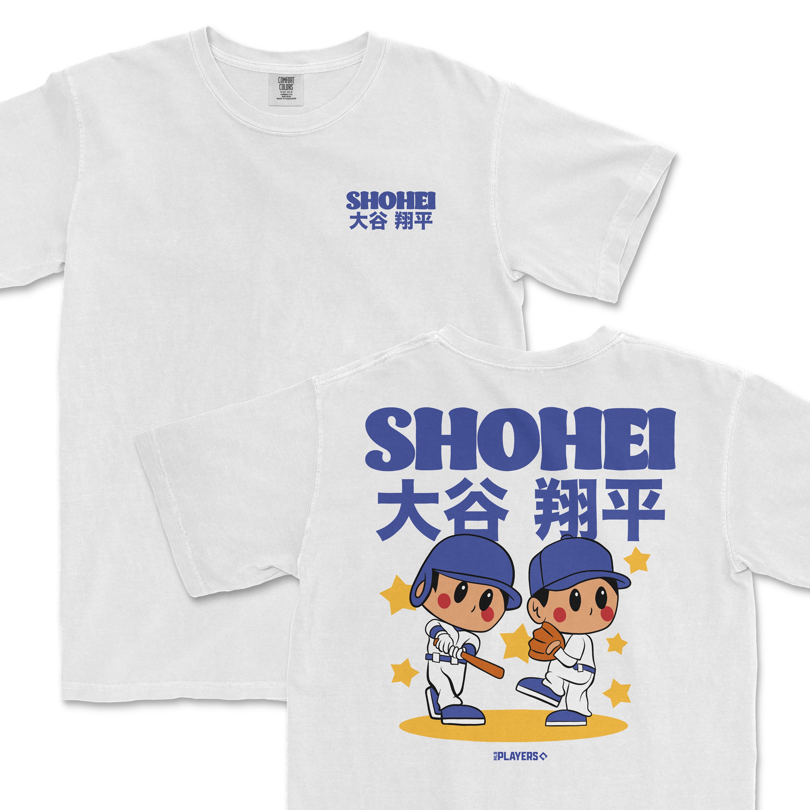 White t-shirt featuring a cartoon design of Shohei Ohtani, showcasing him in a baseball pose with playful graphics.