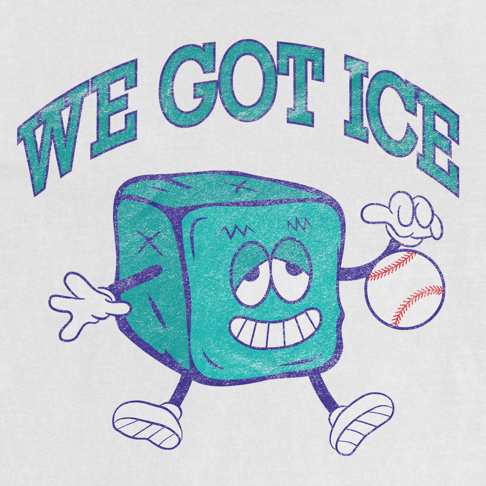 Cartoon mascot of a smiling, animated ice cube holding a baseball and a bat, with the text "We Got Ice 90s Mascot" above.