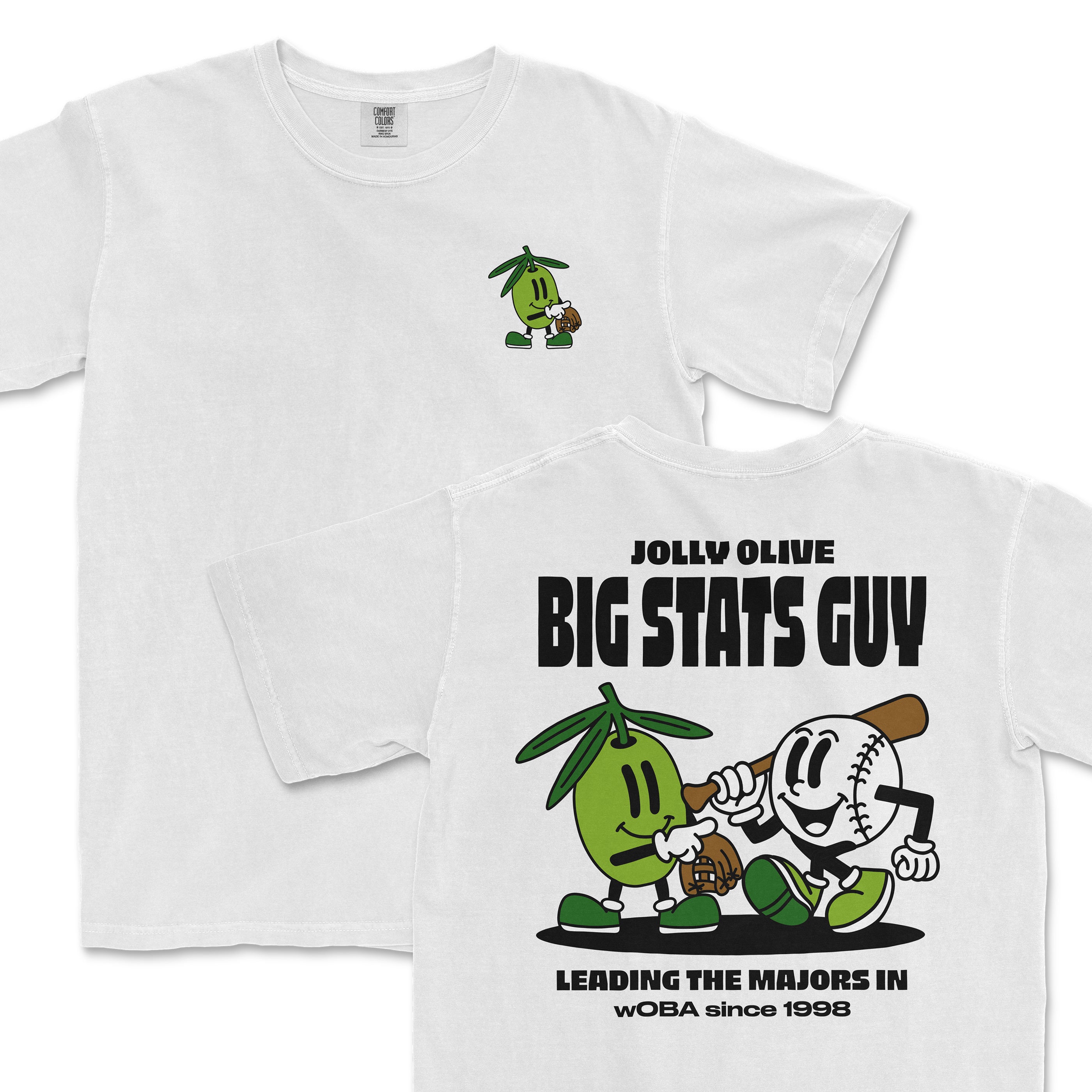 White t-shirt featuring the Jolly Olive character with "Big Stats Guy" text and playful graphics on the front and back.