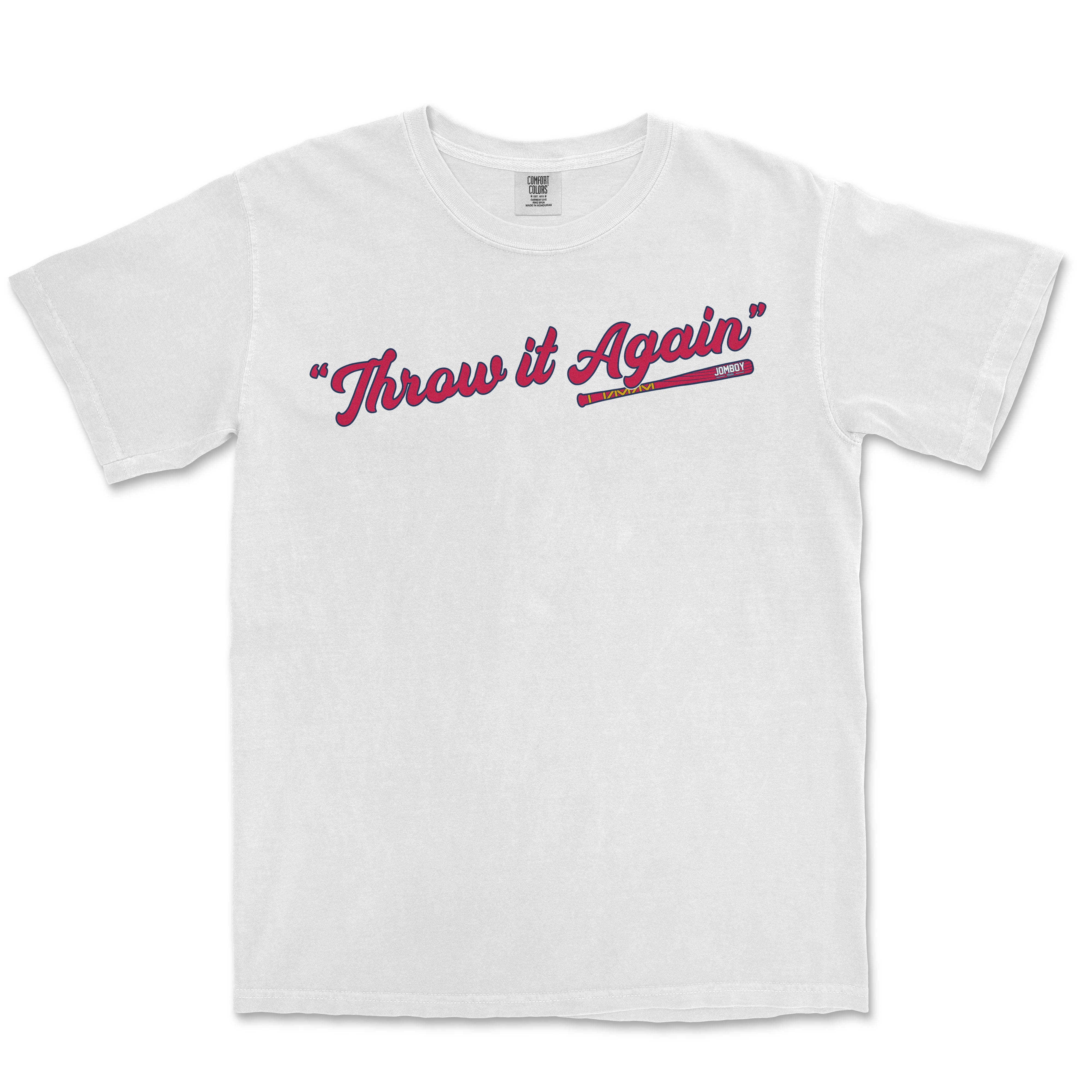 White T-shirt with "Throw it Again" text in red and purple, featuring a colorful, stylized stick illustration underneath.