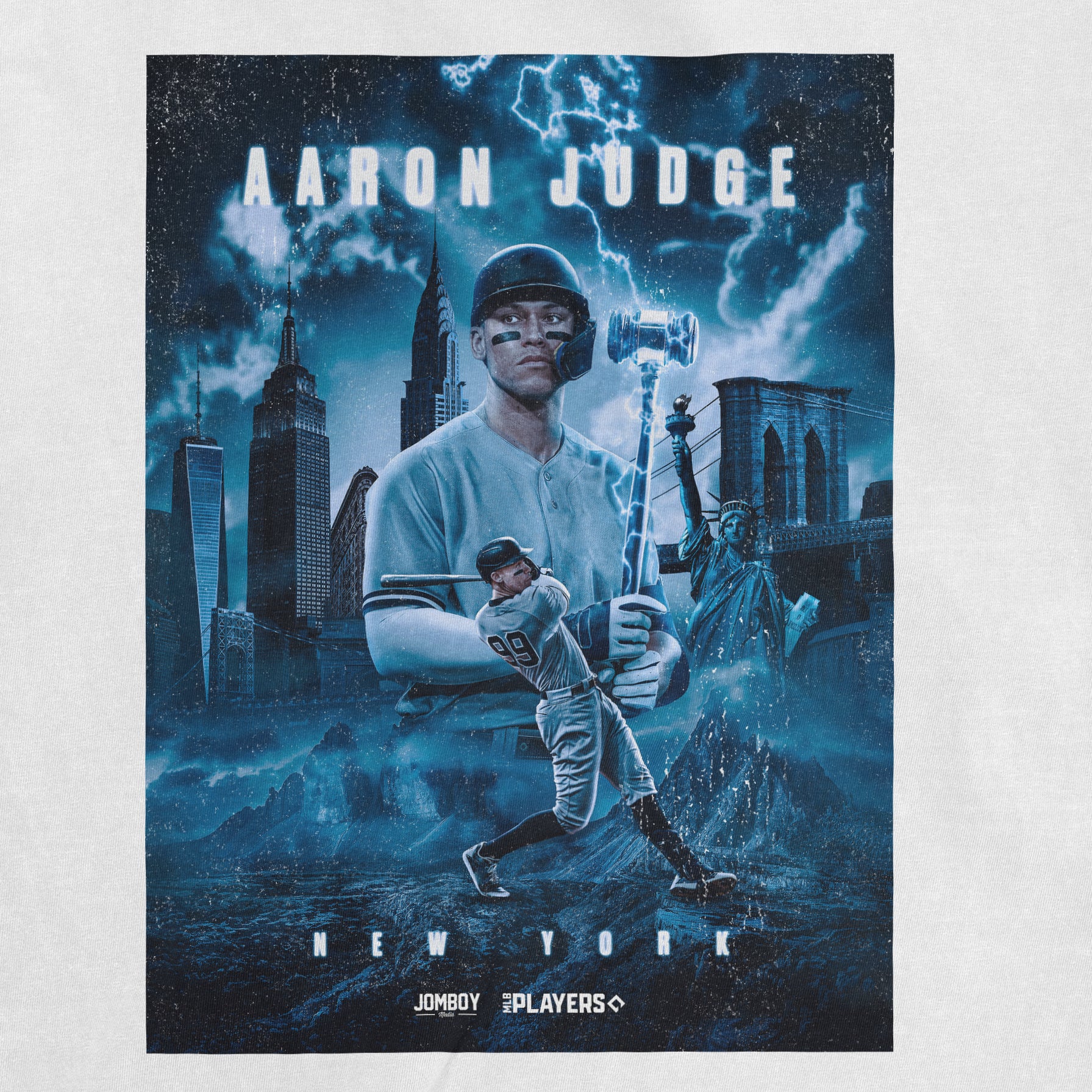 Comfort Colors tee featuring a graphic of Aaron Judge, with NYC skyline, lightning, baseball player, and Statue of Liberty.