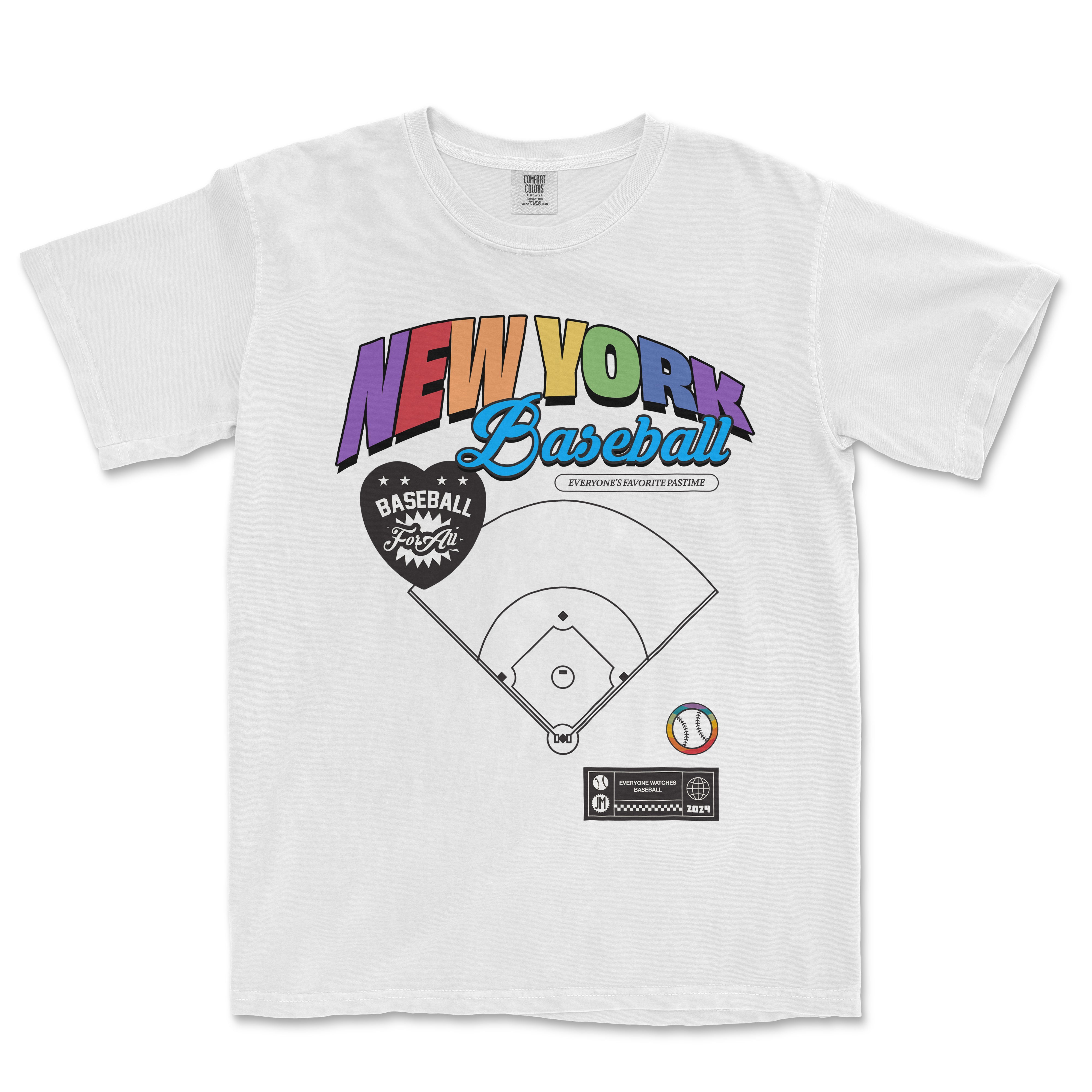 White T-shirt featuring colorful "New York Baseball" text, a baseball diamond graphic, and various sports-themed design elements.