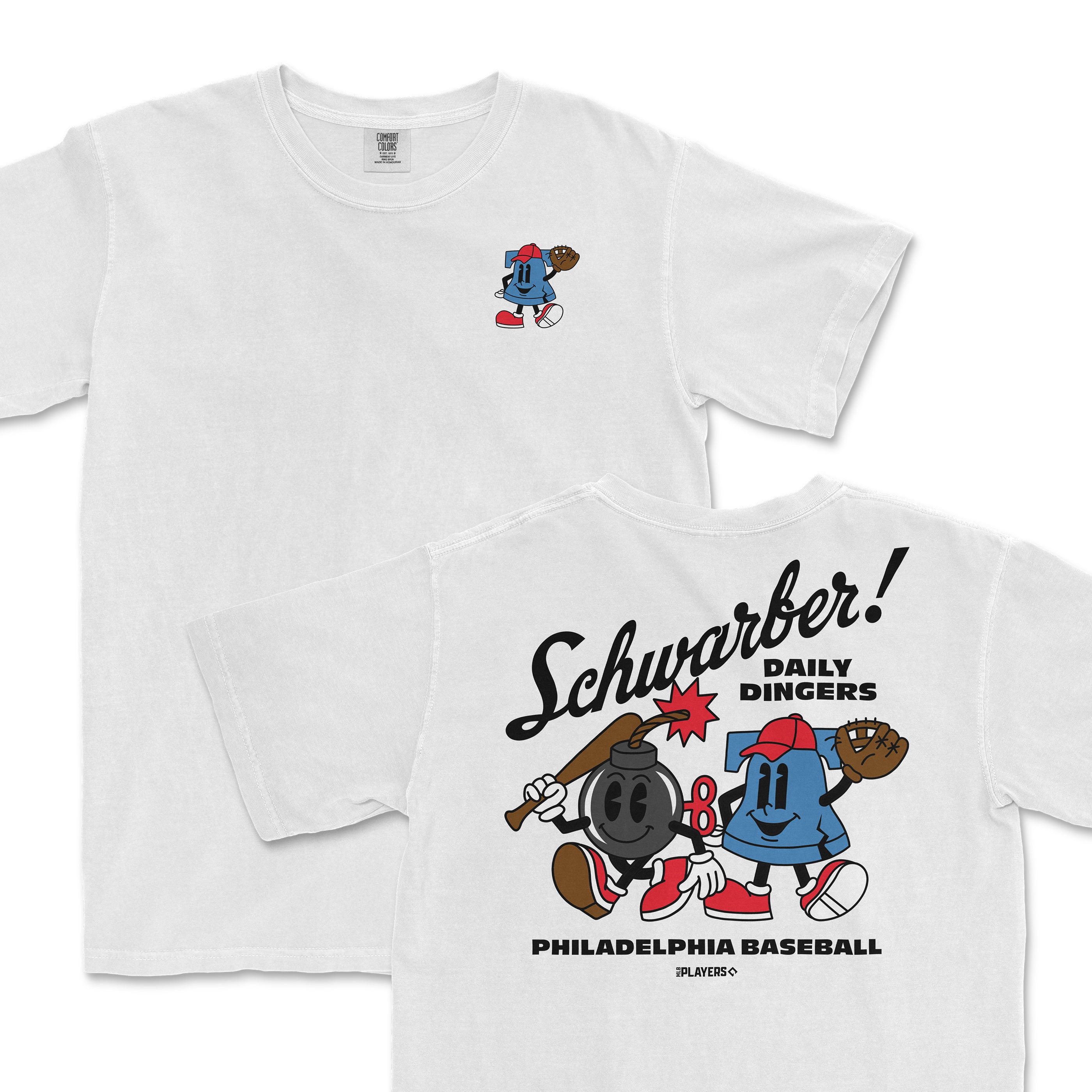 Kyle Schwarber Summer Cartoon t-shirt featuring playful graphics of cartoon characters with baseball elements and text.
