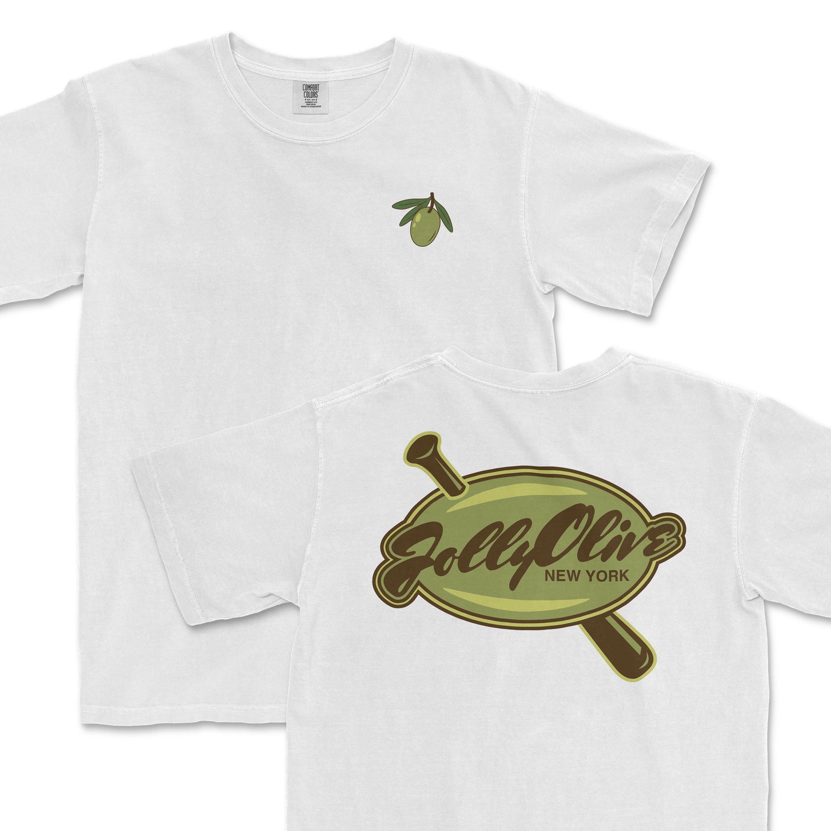 White t-shirt featuring a green olive graphic on the front and a large Jolly Olive New York logo on the back.
