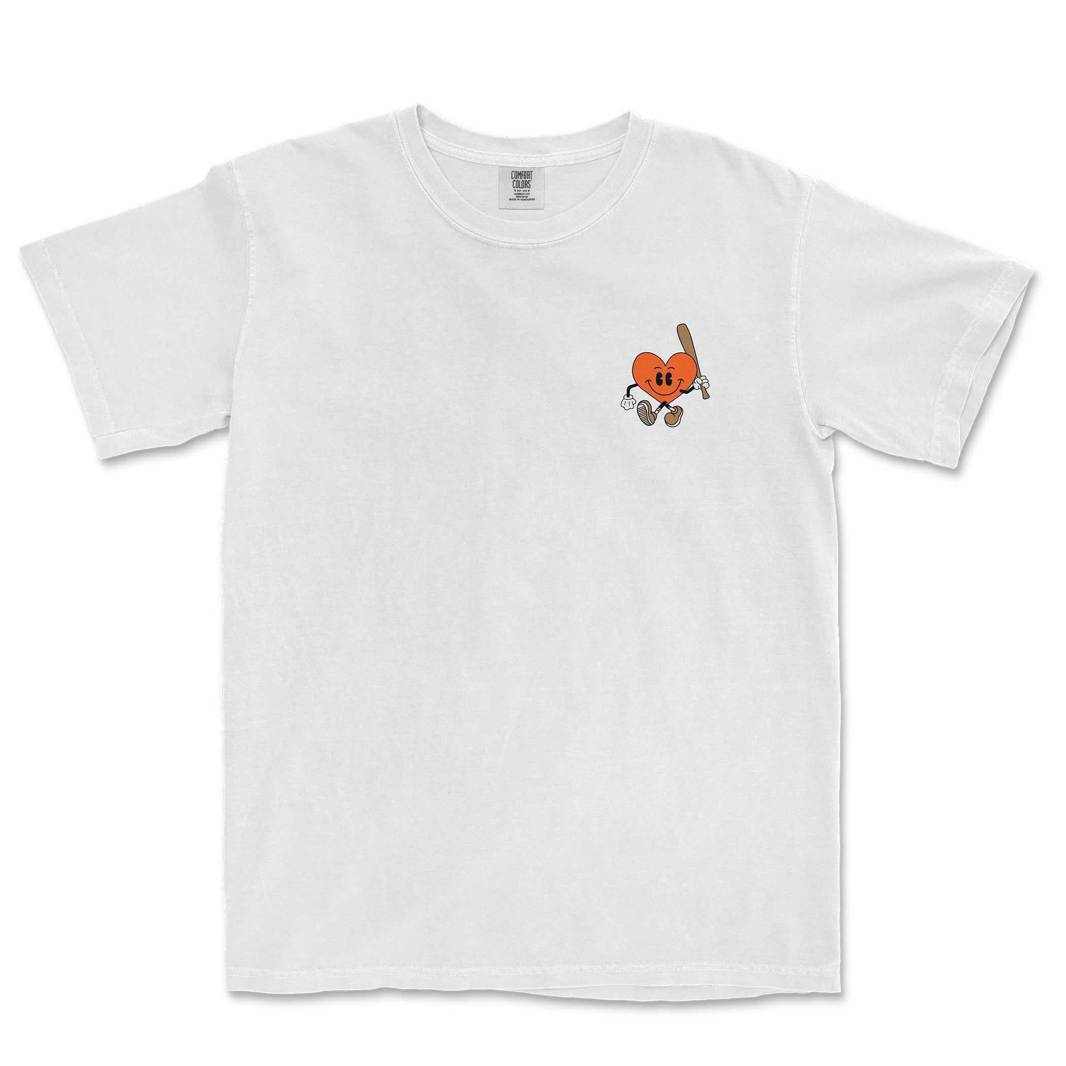 White Comfort Colors T-shirt featuring a small, cartoon-style heart character holding a baseball bat on the front.