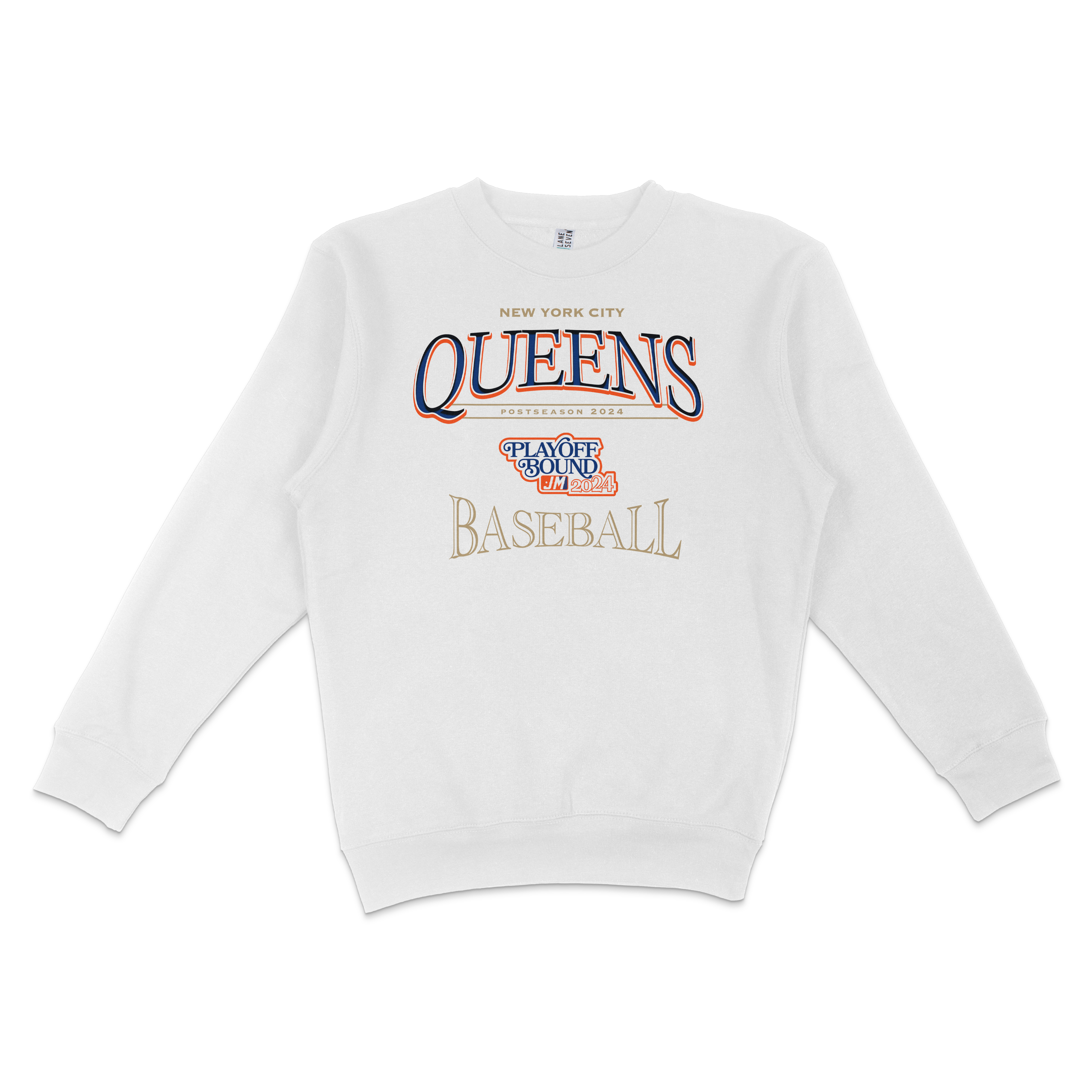 White crewneck sweatshirt featuring colorful "Queens" text, baseball-themed graphics, and "NYC October" and "Playoff Bound 2024" details.