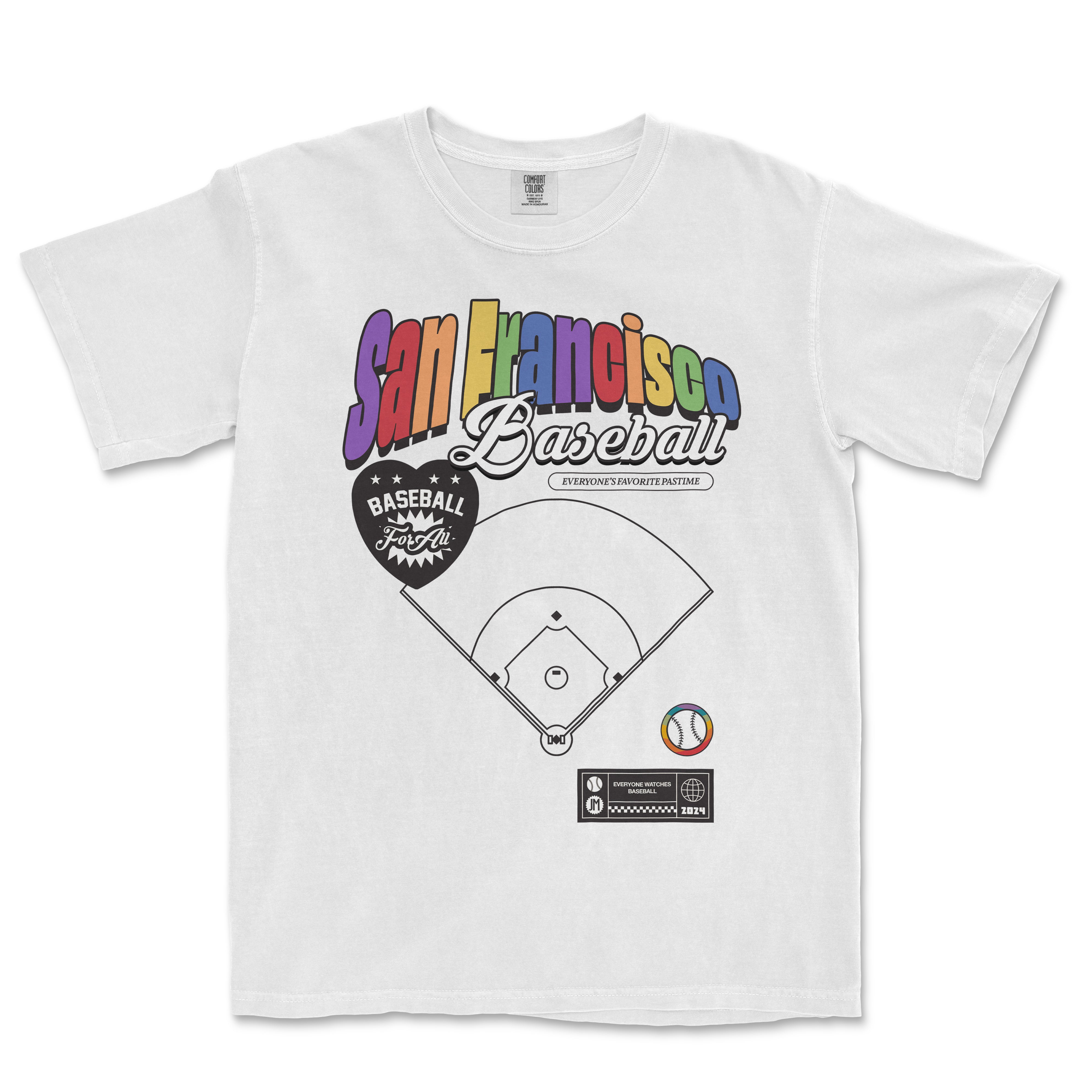 White T-shirt featuring colorful "San Francisco Baseball" text, a baseball diamond graphic, and various sports-themed icons.