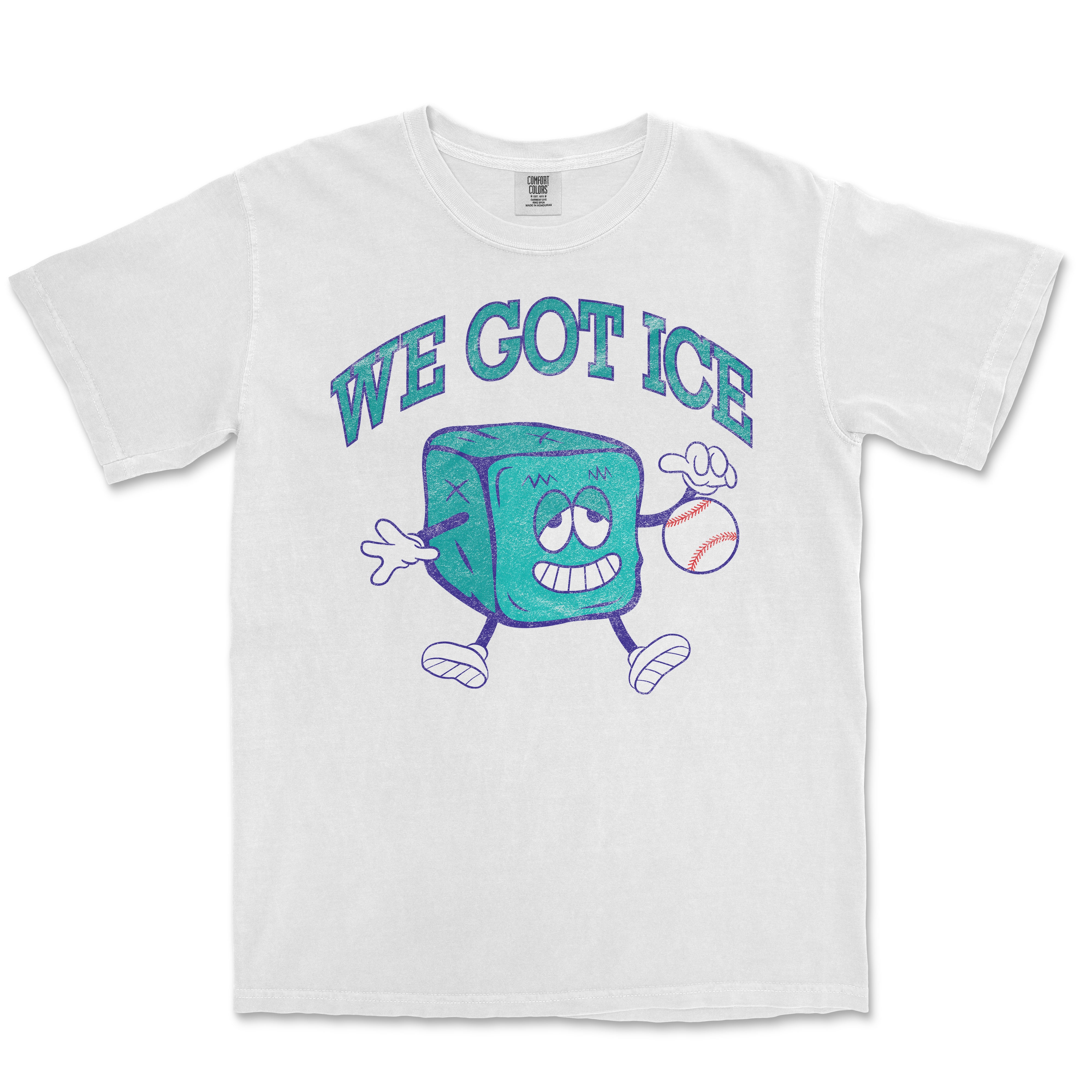 White T-shirt featuring a 90s-style animated ice cube mascot holding a baseball, with the text "WE GOT ICE" above.