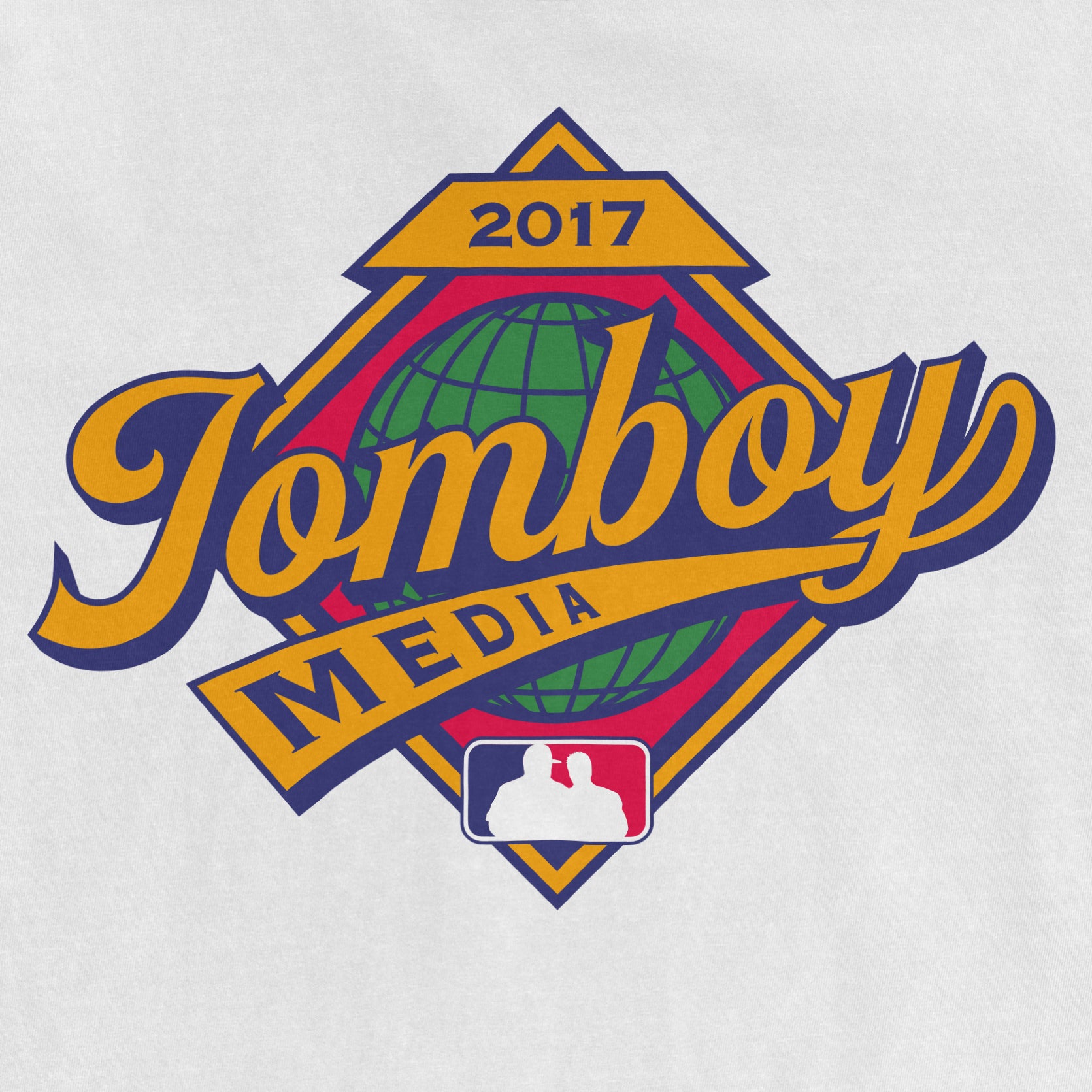 Comfort Colors T-shirt featuring the "Jomboy Media" logo with a globe, "2017" and a silhouette of two people.