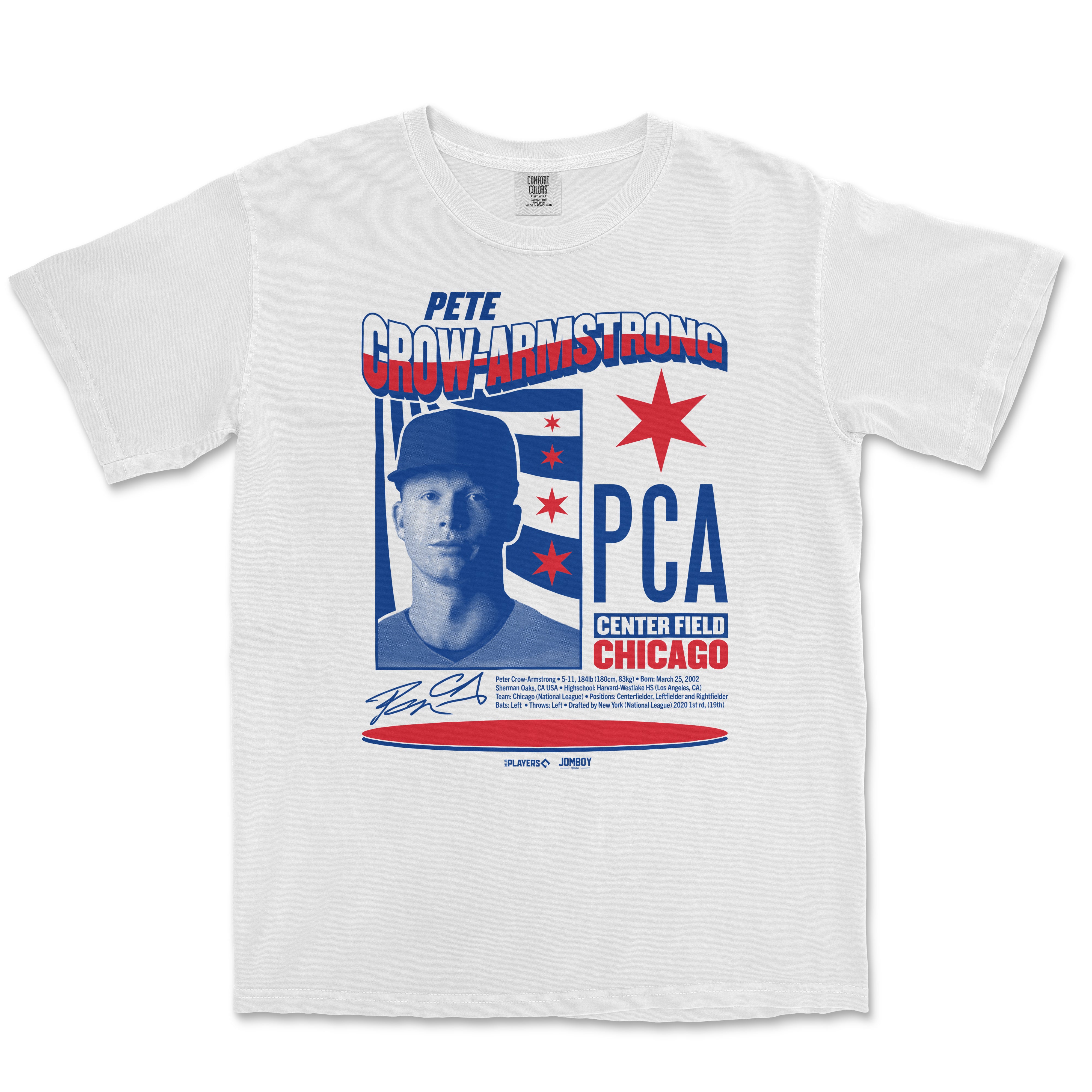 White T-shirt featuring Pete Crow-Armstrong's signature, Chicago Cubs logo, and a stylized portrait with red, white, and blue design elements.