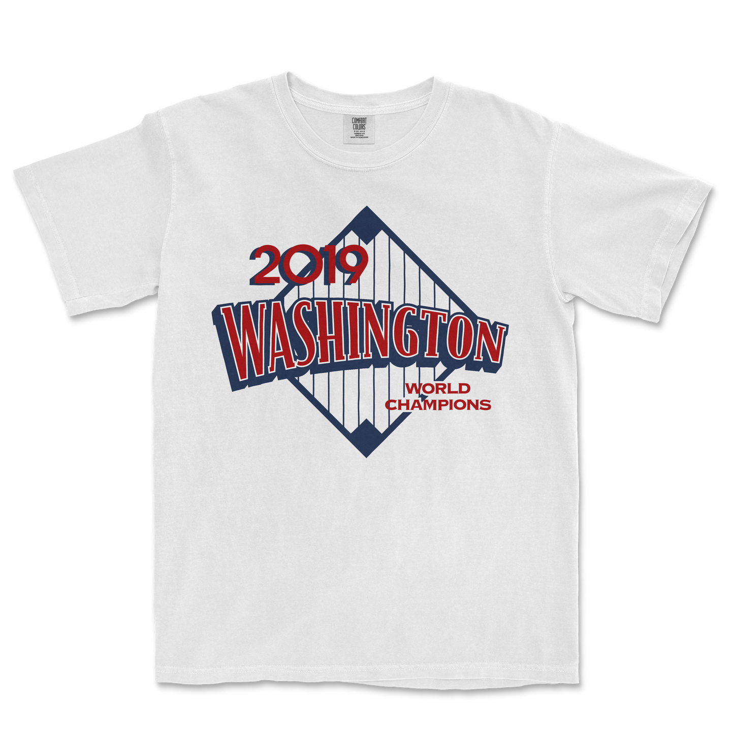White T-shirt featuring a 2019 Washington baseball team logo with "World Champions" text and a stylized bridge graphic.