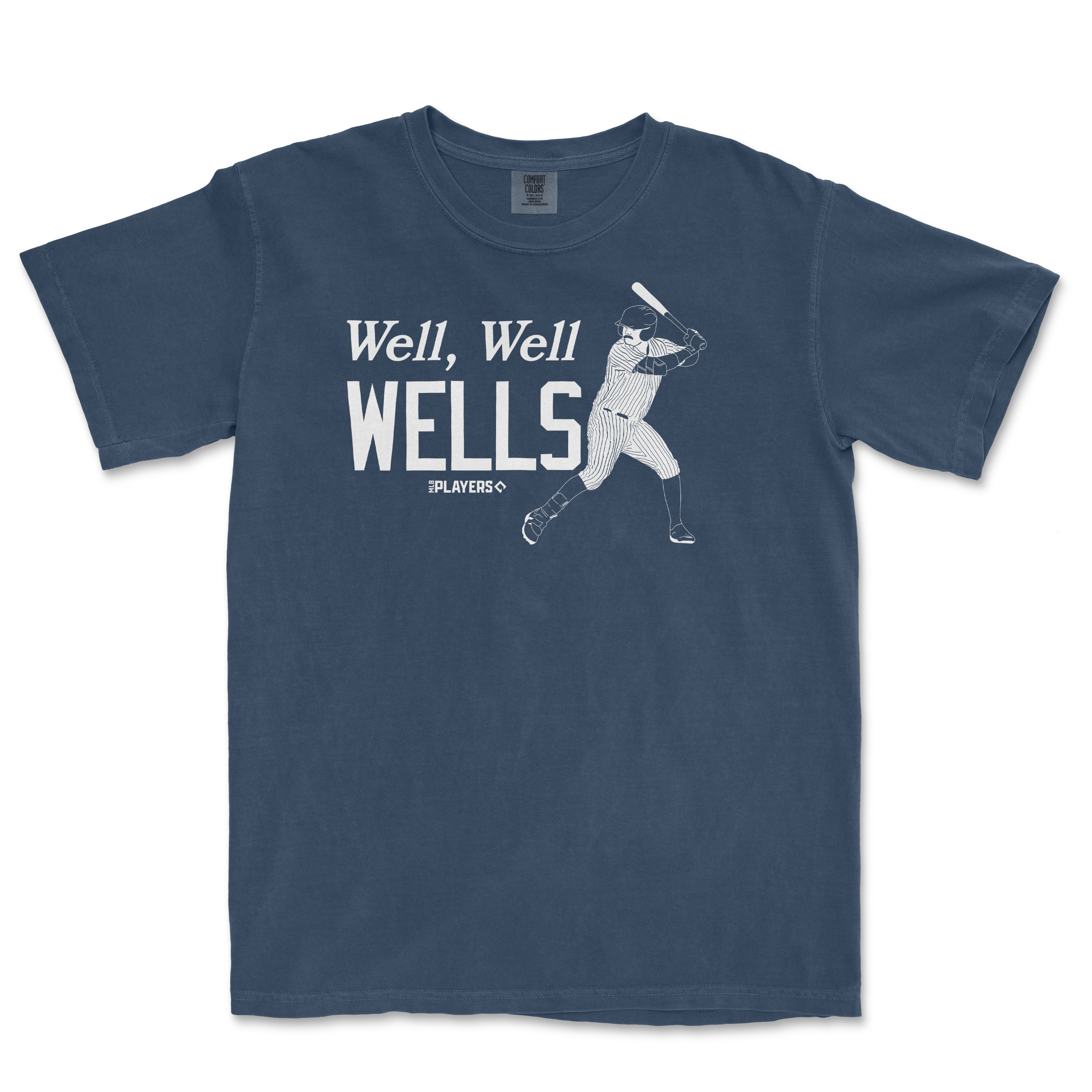 A blue T-shirt featuring a vintage baseball player illustration and the text "Well, Well WELLS" in bold white letters.