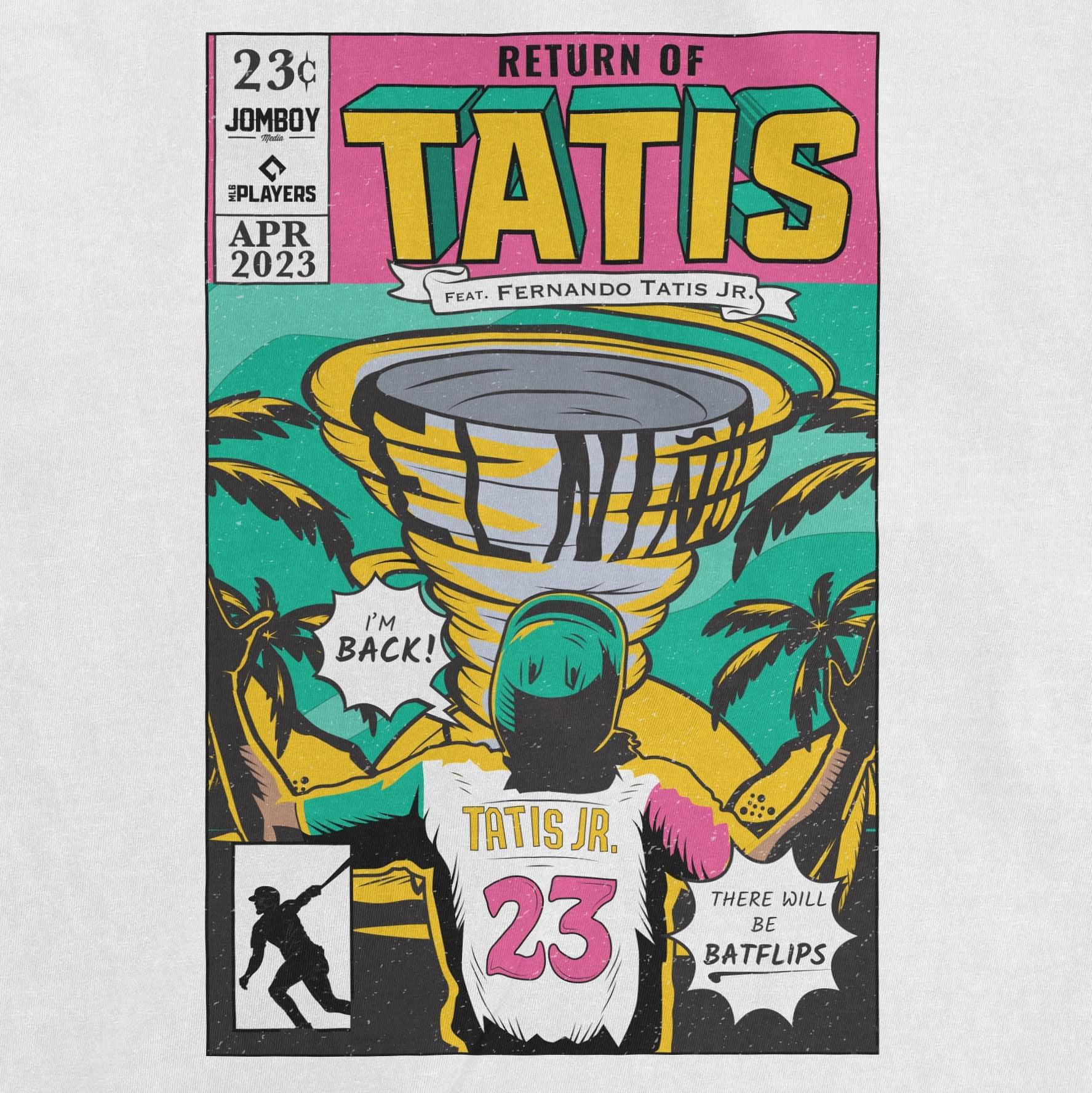"Colorful 'Return of Tatís' comic book style graphic tee featuring Fernando Tatís Jr. with vibrant illustrations of palm trees, a trophy, and comic panels, highlighted by bold text and a retro design theme."