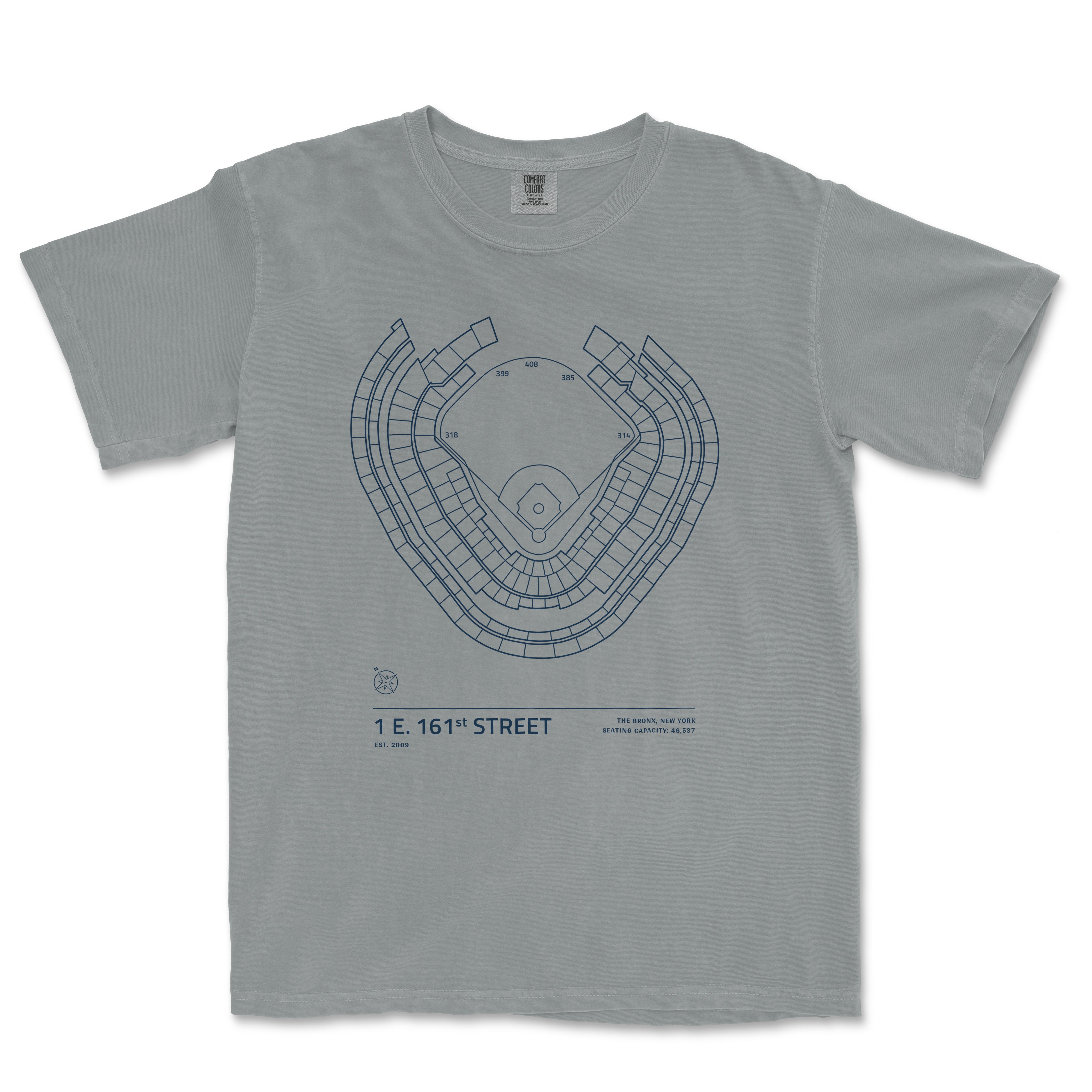 Comfort Colors tee featuring a stadium seating chart design of 1 E 161st Street, The Bronx, New York, with text details and seating capacity.