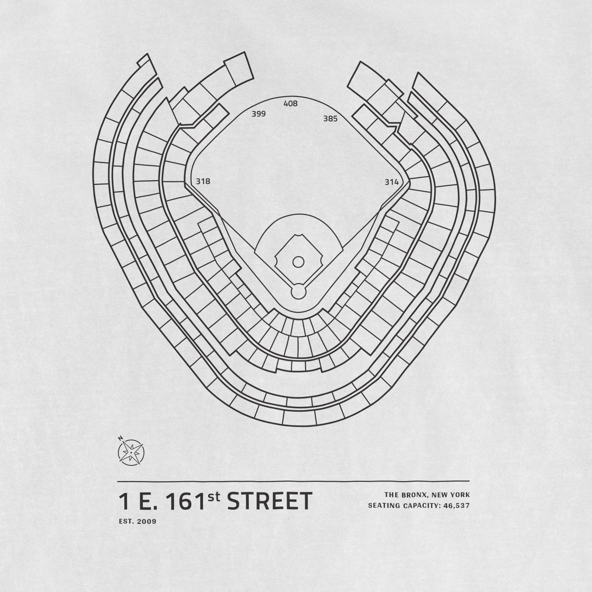 Comfort Colors tee featuring a black and white stadium seating map of 1 E 161st Street, Bronx, New York, with seating capacity details.