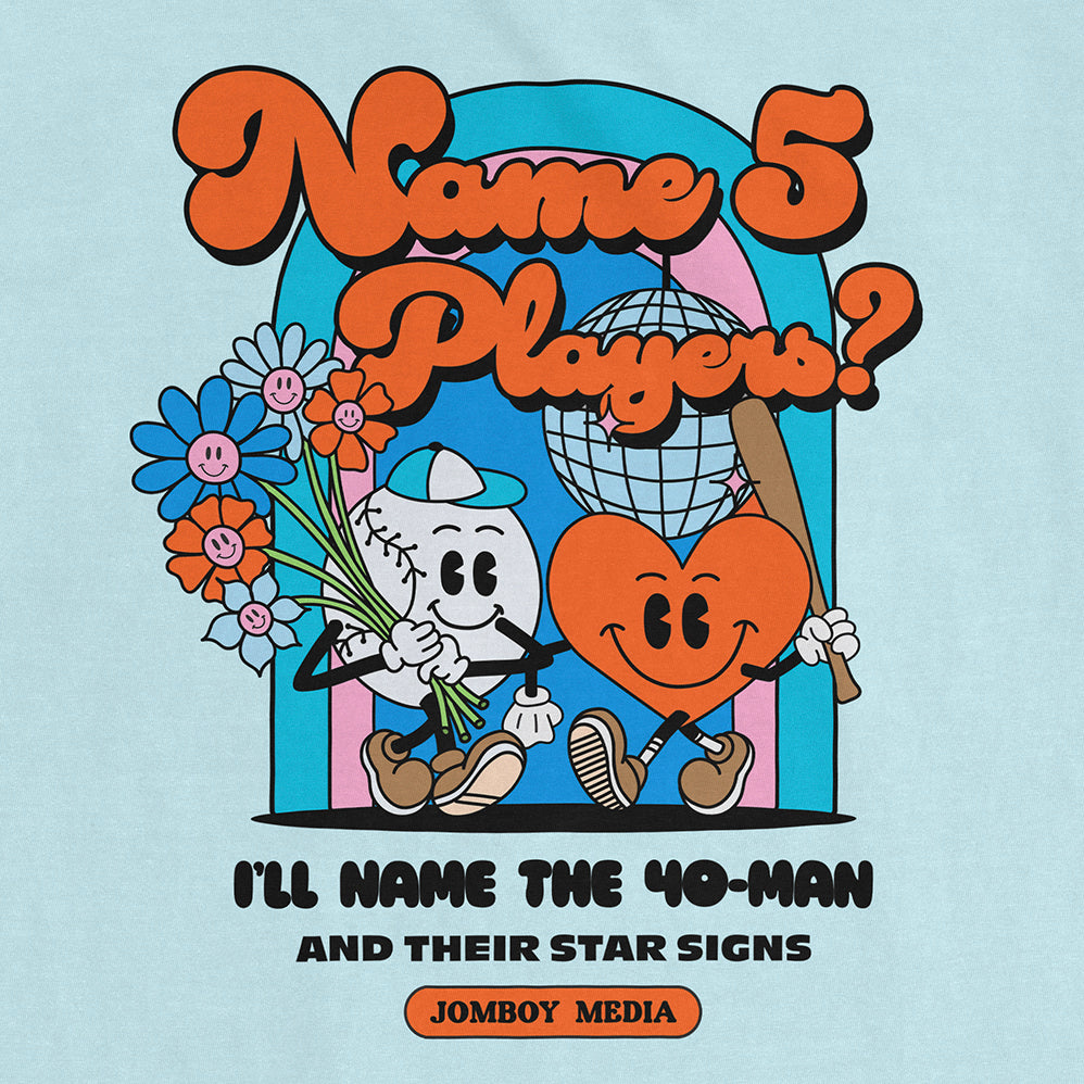 Colorful Comfort Colors tee featuring cartoon characters, flowers, and playful text about naming players and star signs.