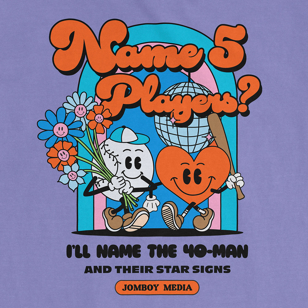 Colorful Comfort Colors tee featuring cartoon characters holding flowers and a baseball bat, with playful text and design.