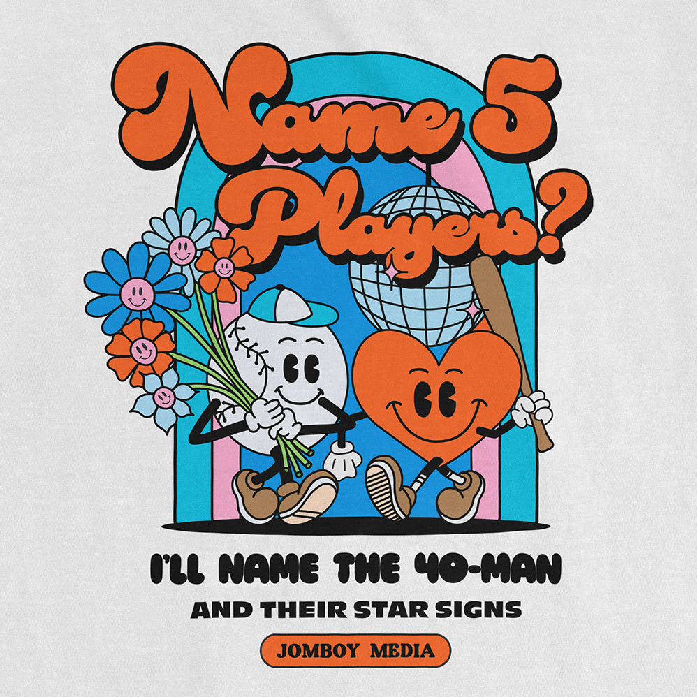 Colorful Comfort Colors tee featuring cartoon characters with flowers, a globe, and playful text about naming 5 players.