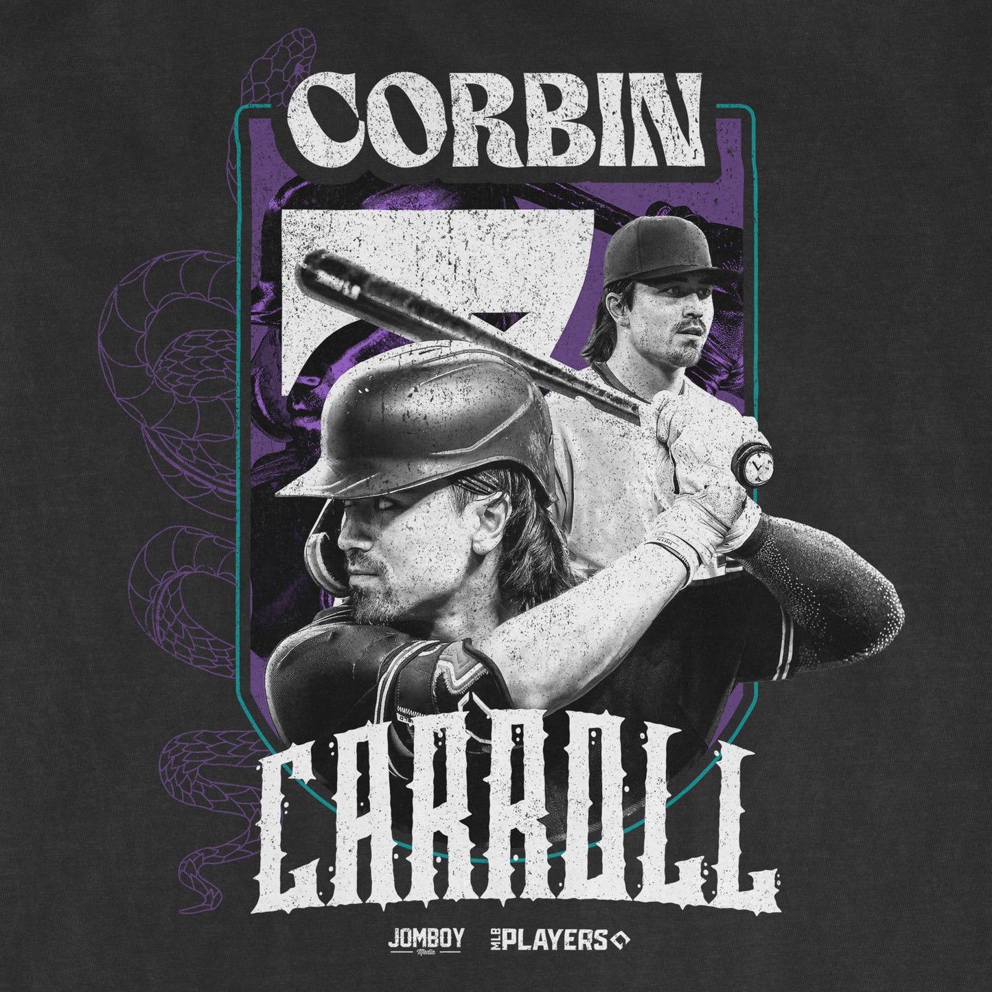 Black and white graphic featuring Corbin Carroll in baseball gear, holding a bat, with his name and team branding.