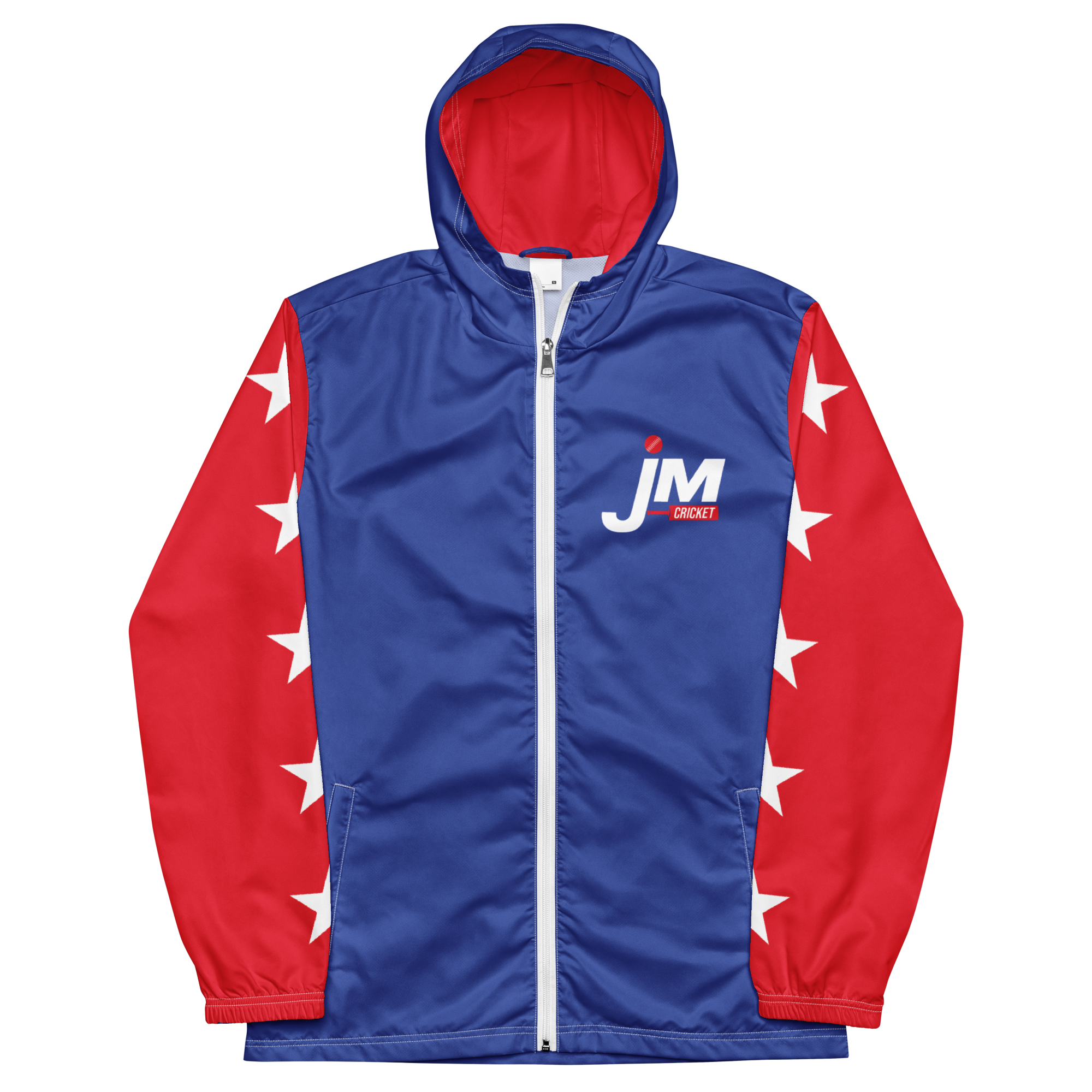 JM Cricket Stars Windbreaker featuring a blue body with red sleeves adorned with white stars and a logo on the chest.