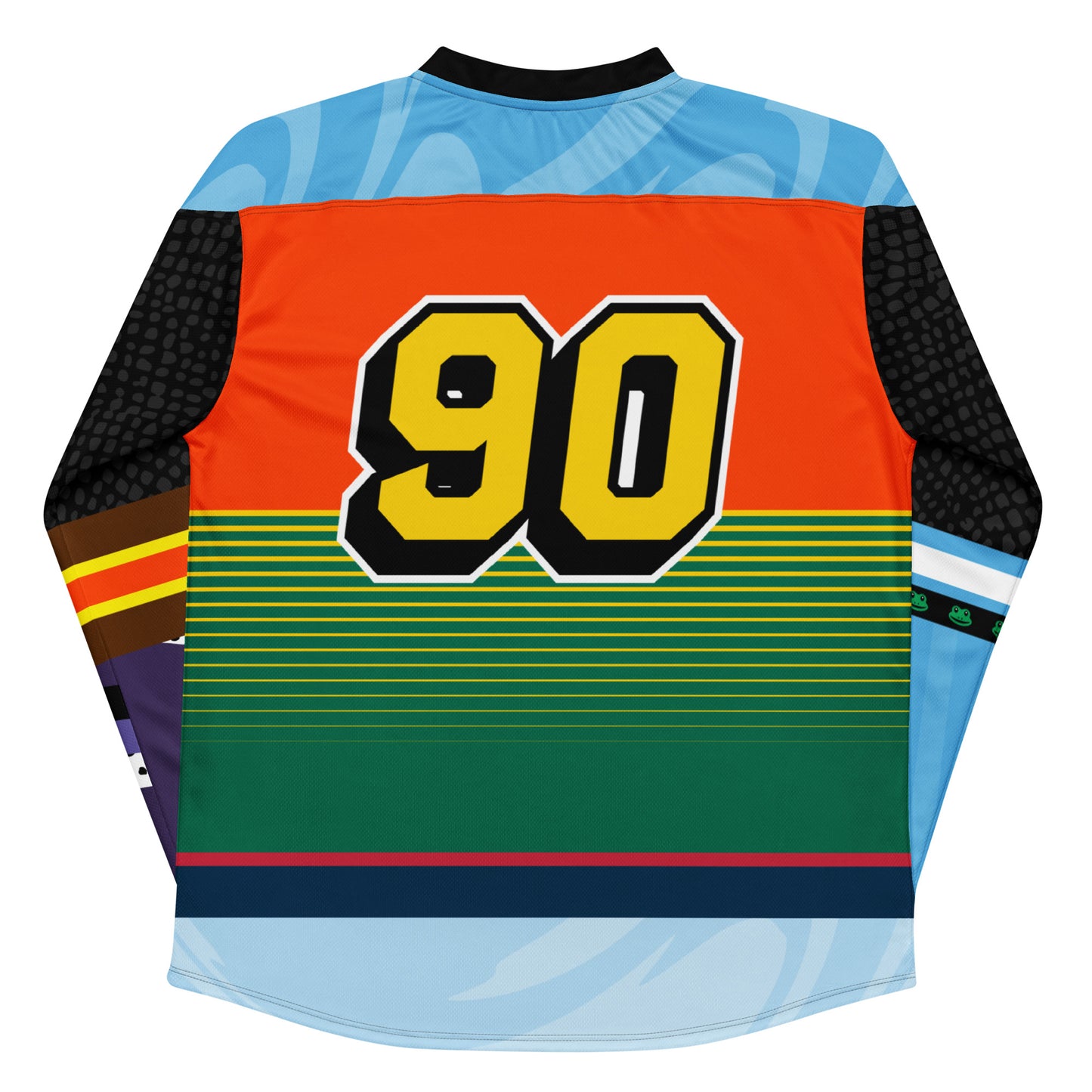 Colorful PAVEL FLOORBALL 3 OFFICIAL JERSEY with bold yellow "90" number, black, blue, green, red, and purple accents, and patterned sleeves.