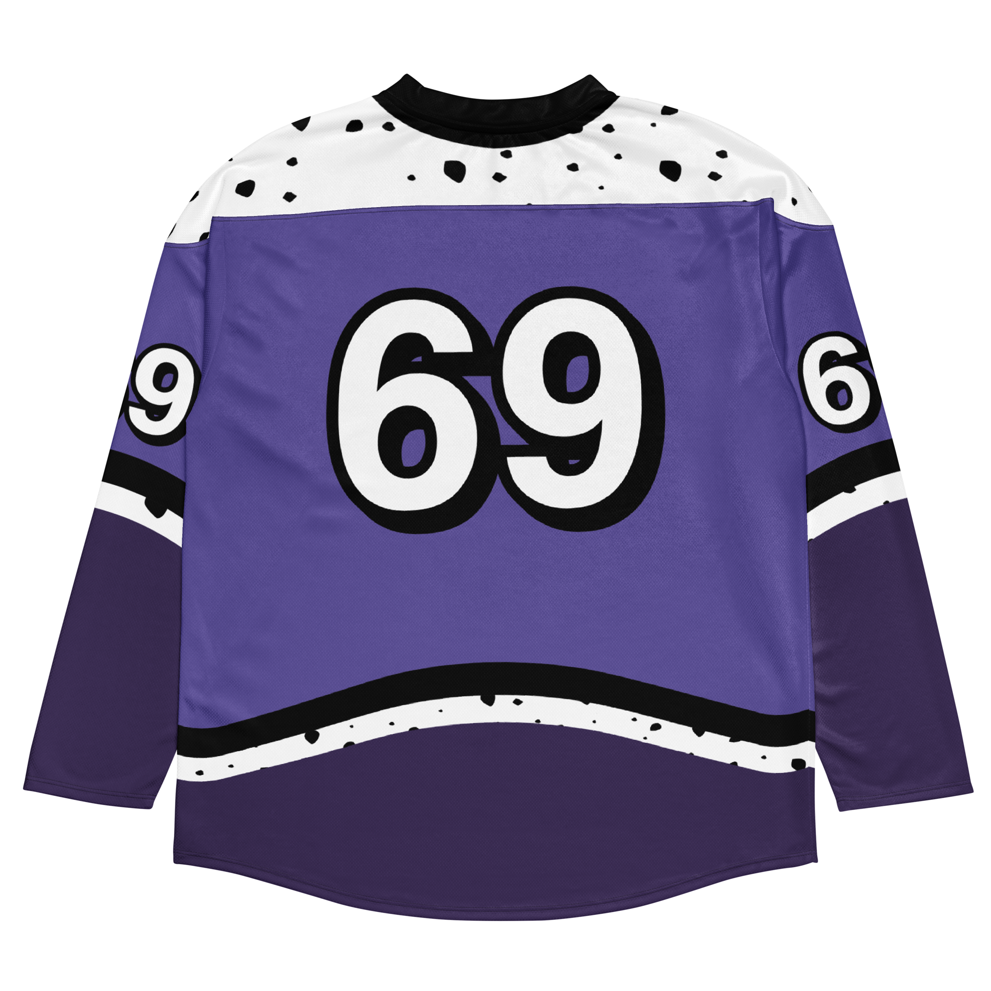 Purple floorball jersey featuring bold black and white number 69, designed for performance and style.