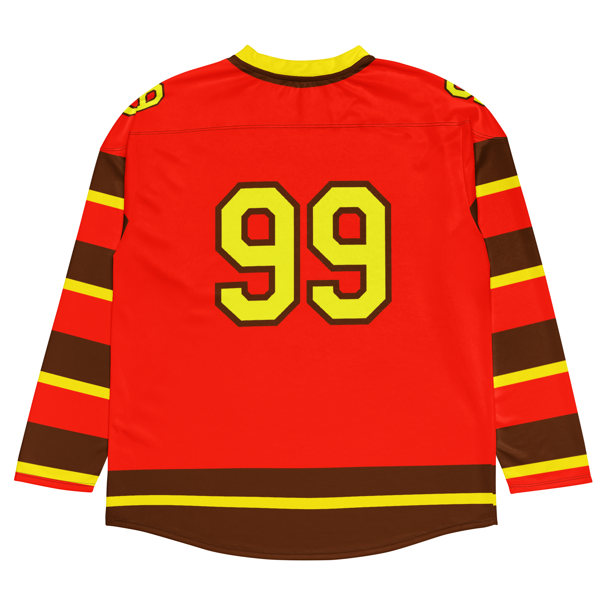 Red floorball jersey featuring bold yellow and brown stripes, with the number 99 prominently displayed on the back.