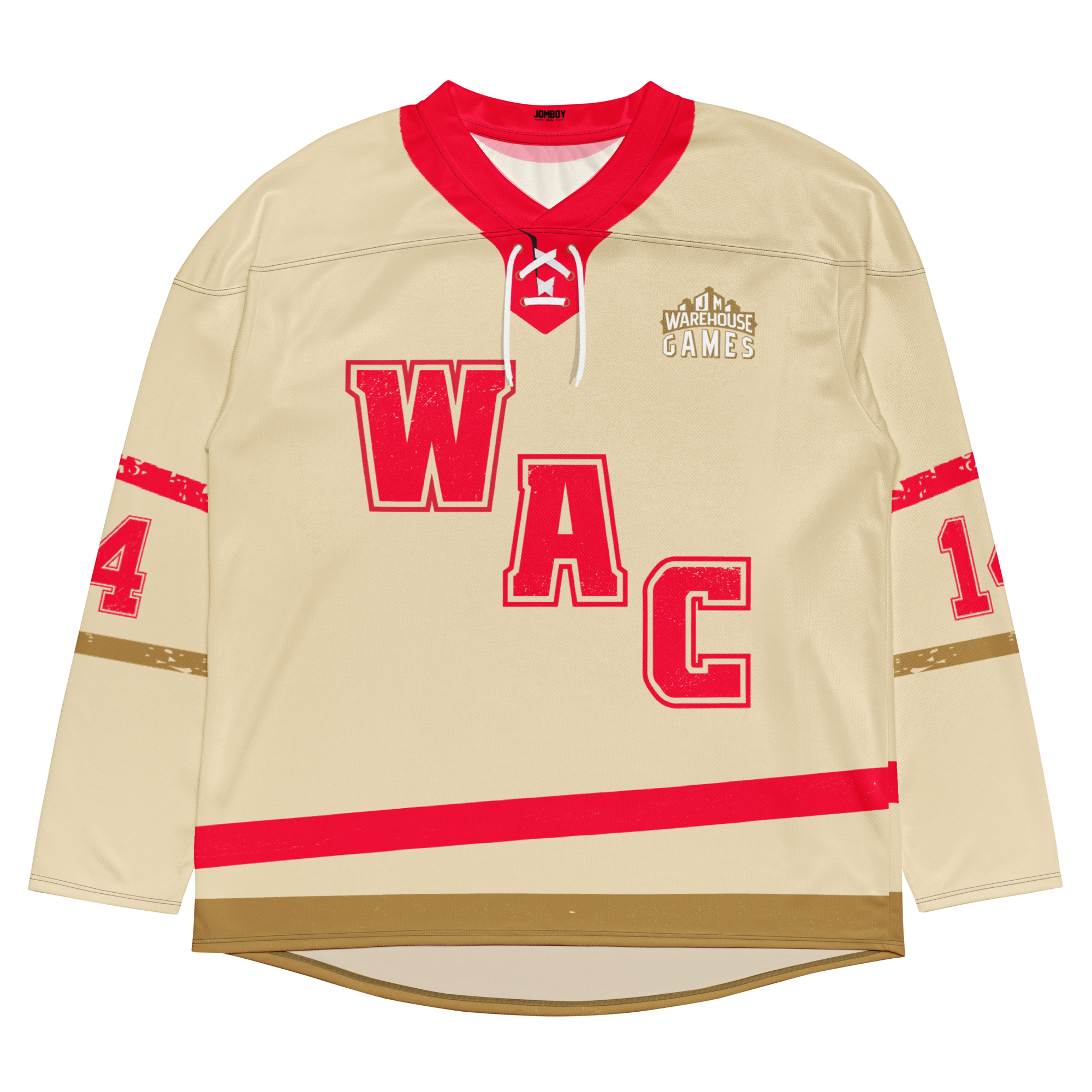 WAC Floorball jersey featuring a beige base, red lettering, and gold accents, ideal for sports enthusiasts.