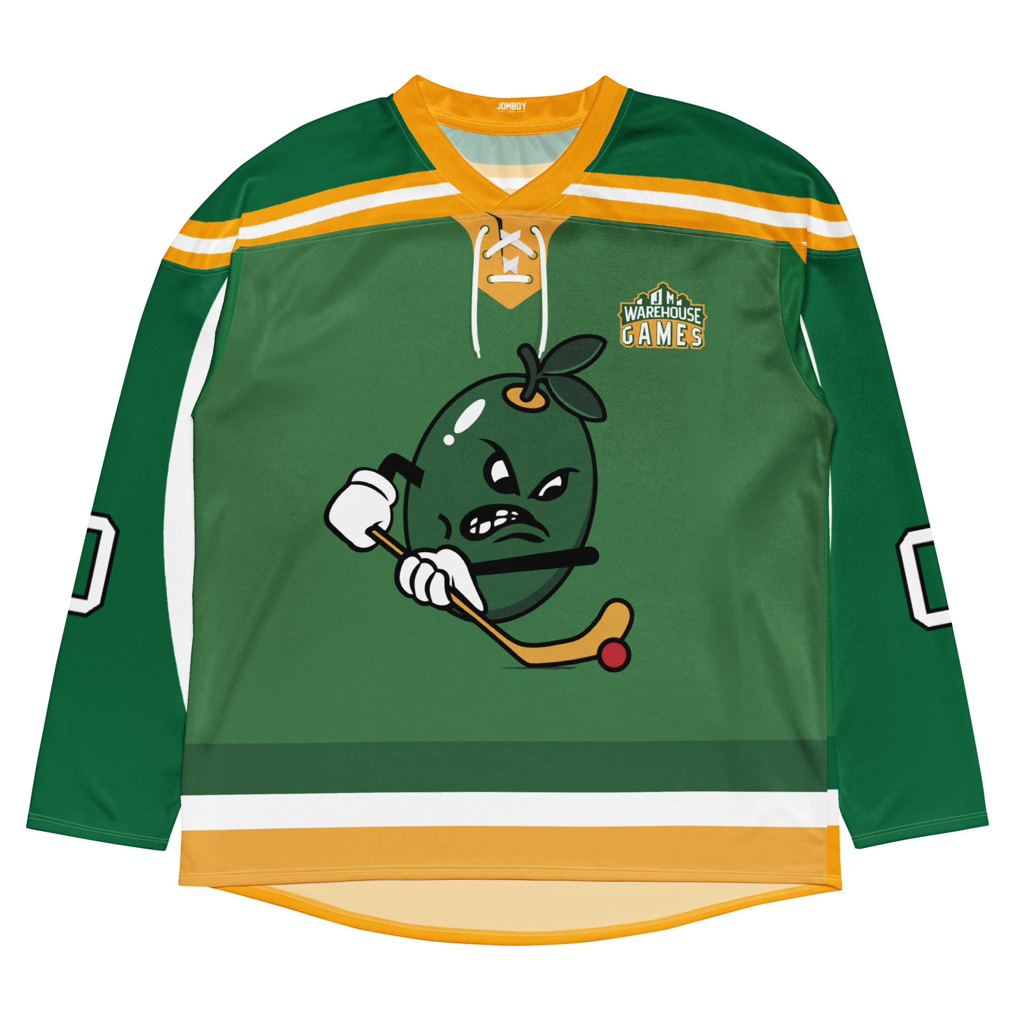 Green floorball jersey featuring a cartoon olive character with a hockey stick and the Warehouse Games logo.