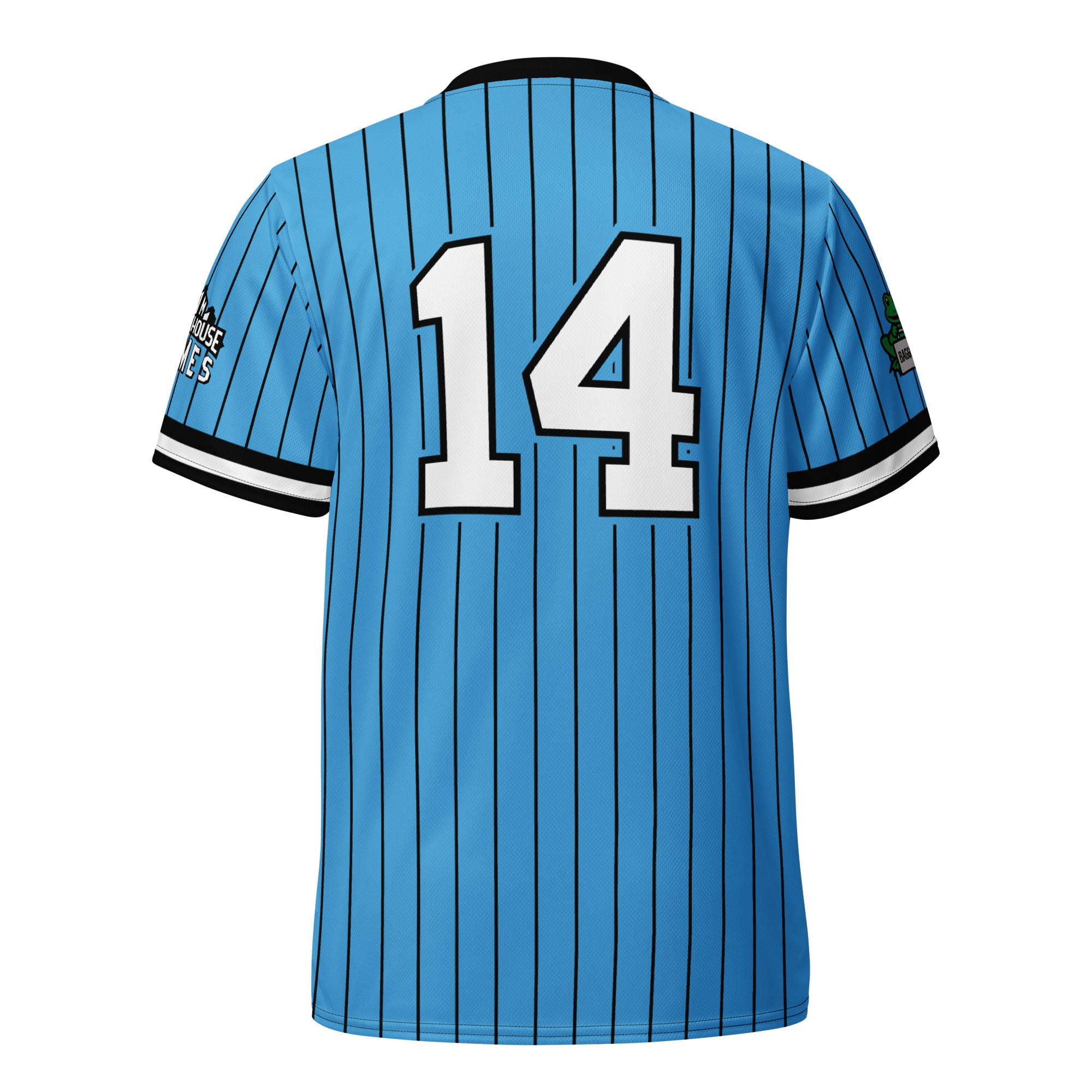 Blue Blitzball Battle 6 jersey with black pinstripes, large white number 14 on the back, and team logos on sleeves.