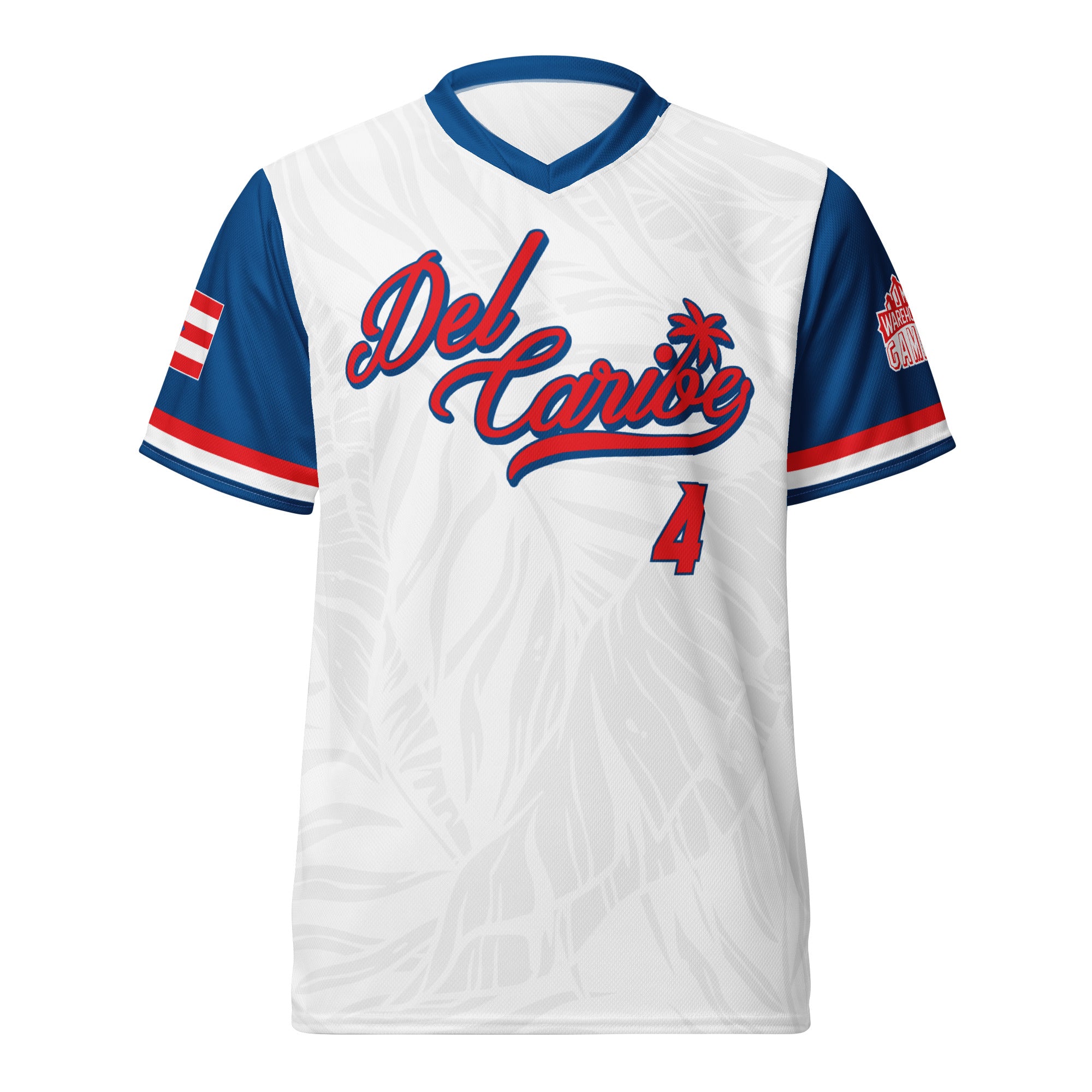 White and blue Del Caribe Blitzball Battle 6 jersey with red accents, palm tree logo, and the number 4 on the front.
