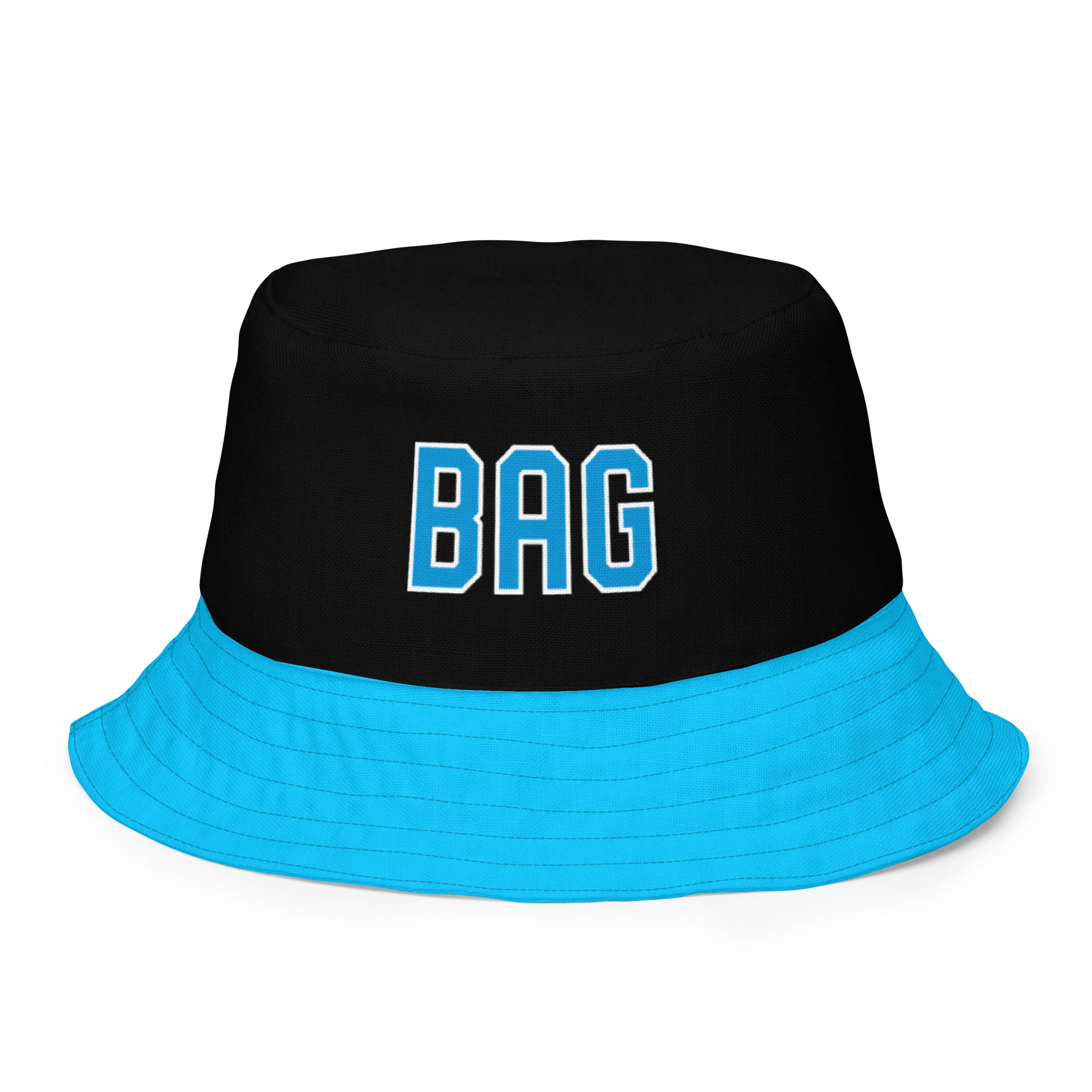 Reversible black and blue bucket hat with "BAG" embroidered on the front, designed for baseball or sports fans.