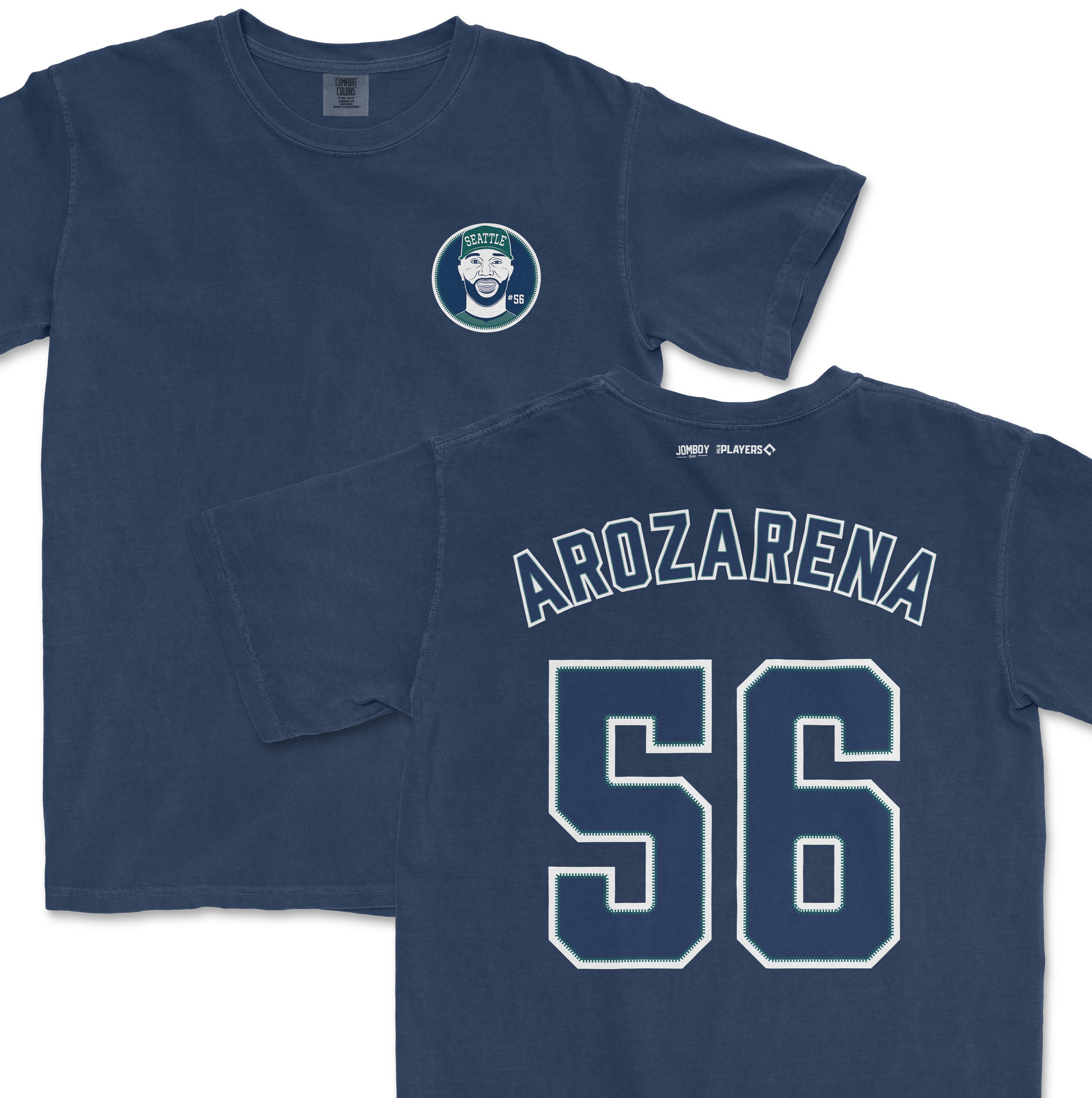 Blue Randy Arozarena shirsey with "ARROZARENA" and number "56" on the back, and a Seattle-themed graphic on the front.