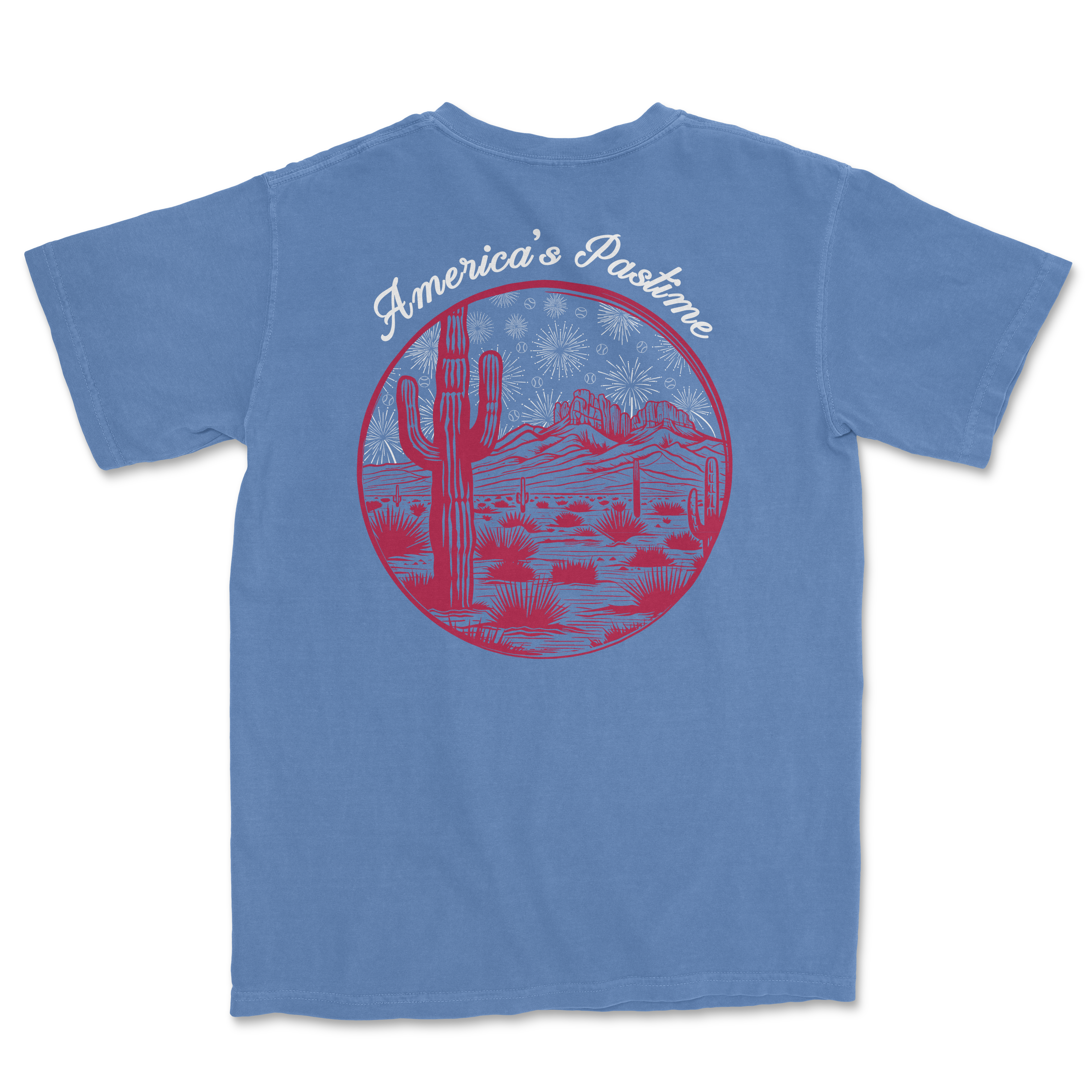 Blue t-shirt featuring a graphic of a desert landscape with cacti and mountains, labeled "America's Pastime.