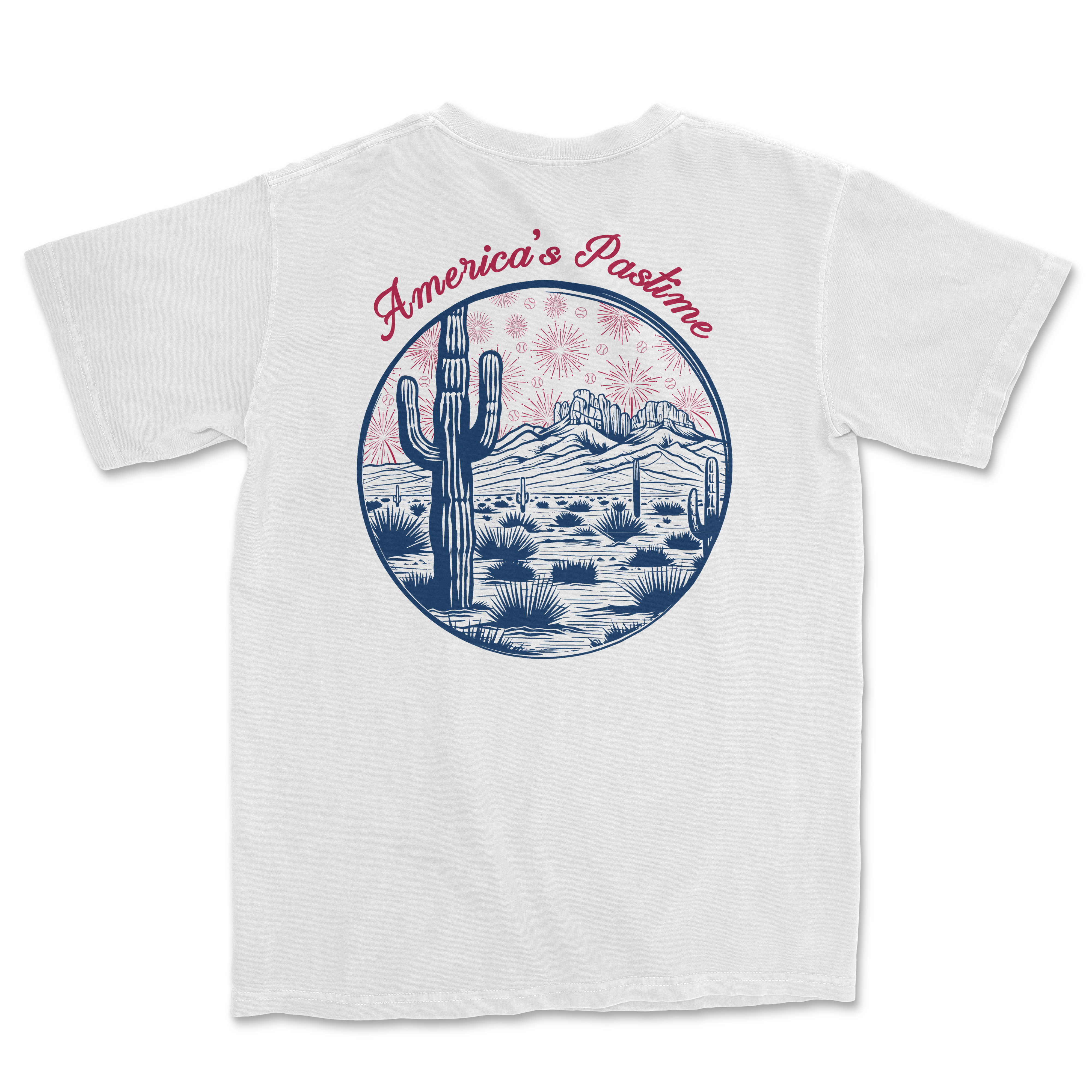 White t-shirt featuring a circular graphic with a cactus, mountains, and fireworks, labeled "America's Pastime.