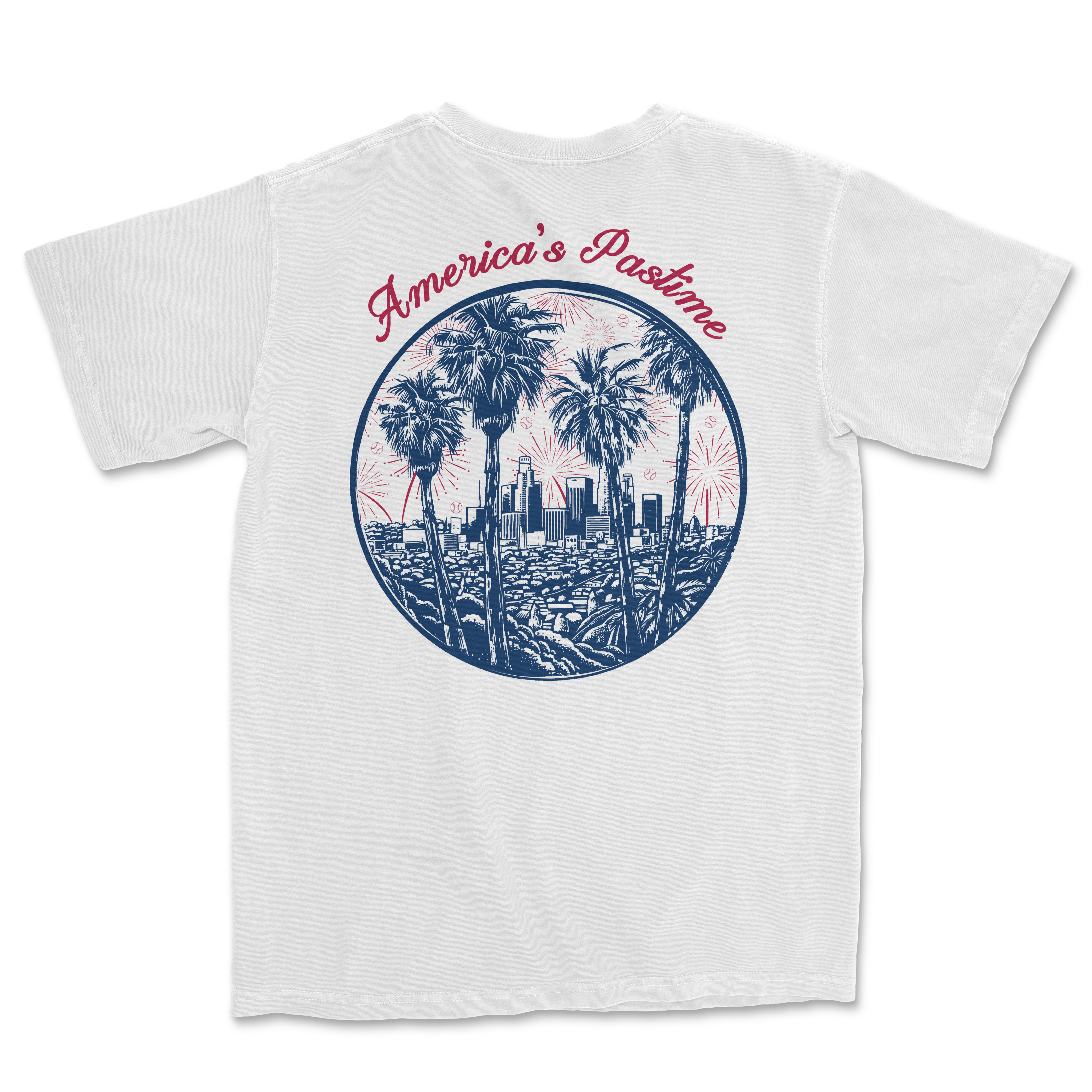 White t-shirt featuring a graphic of palm trees and the Los Angeles skyline with the text America's Pastime.