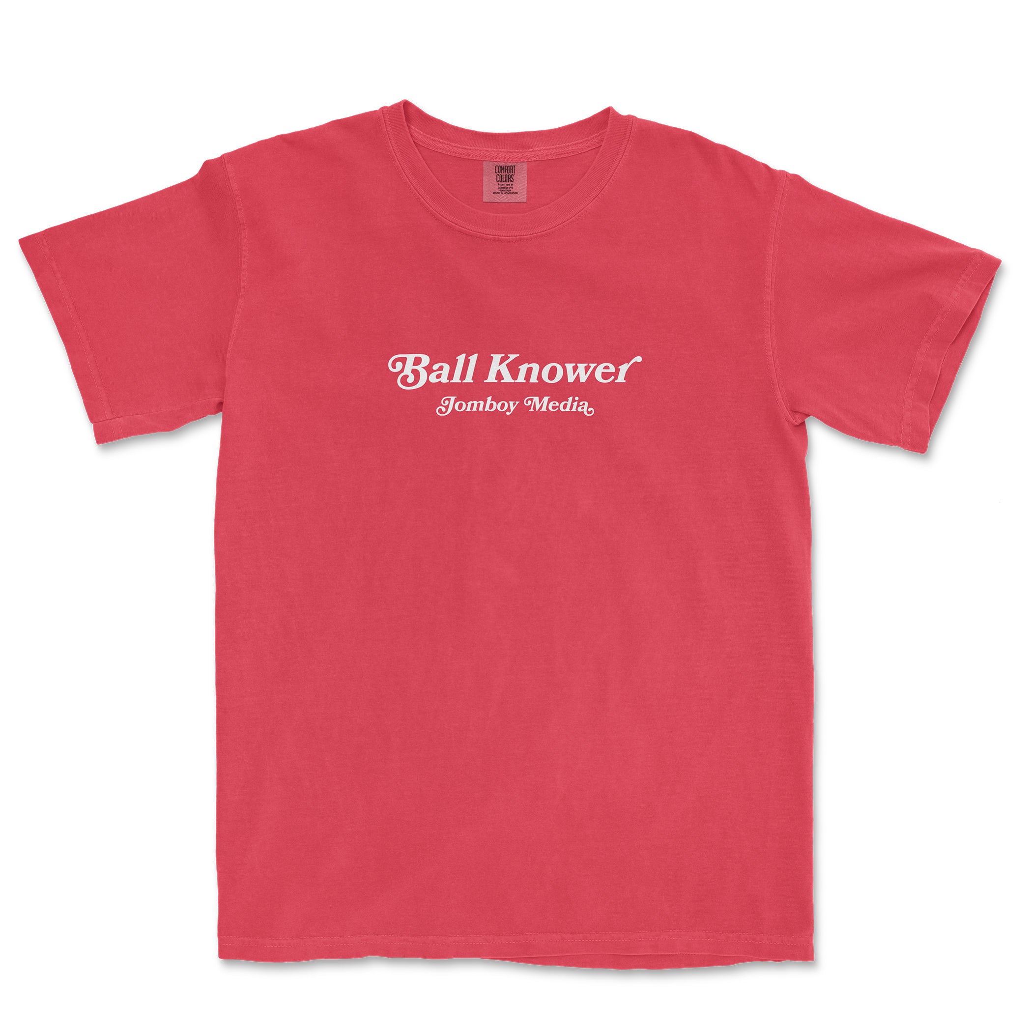 Red Comfort Colors T-shirt with white "Ball Knower" and "Jomboy Media" text printed on the front.