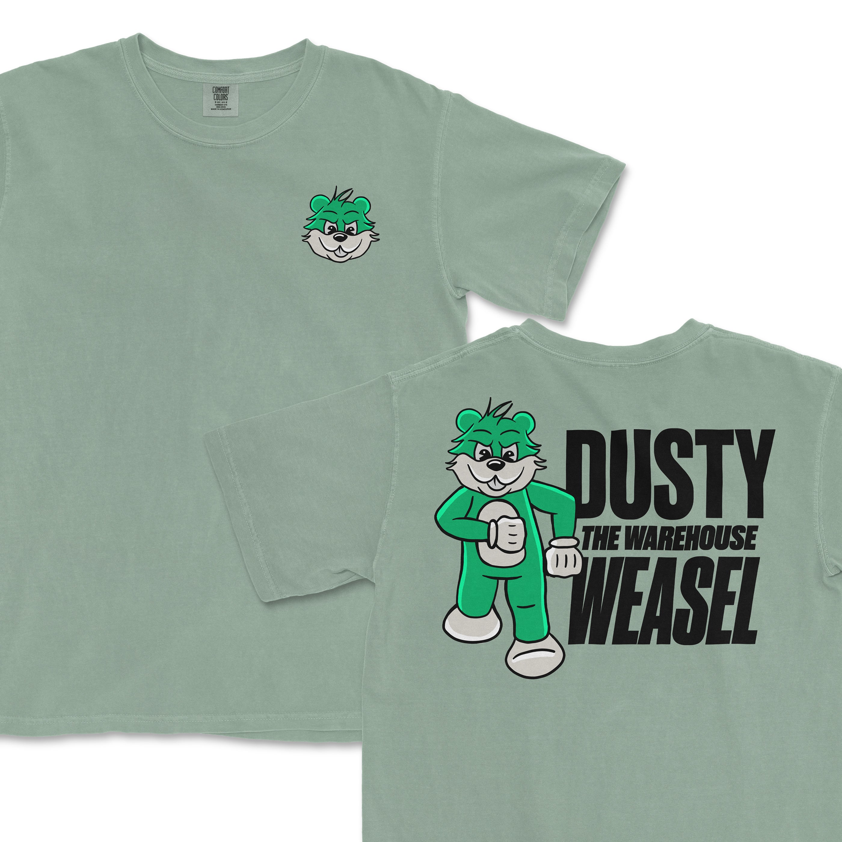 Green Comfort Colors T-shirt featuring Dusty the Warehouse Weasel mascot, with front and back designs including text and illustration.